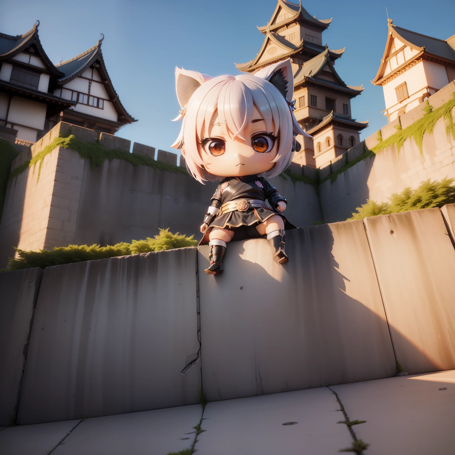 "(((Chibi3D))),Very cute and beautiful chibi anime Japan ninja、🥷、 Himeji Castle、Background of the castle tower、fullllbody、Clamber over the wall、🧗🏻♀️、Face and eyes with well-drawn details、Clear outline、独奏、Chibi3D。"