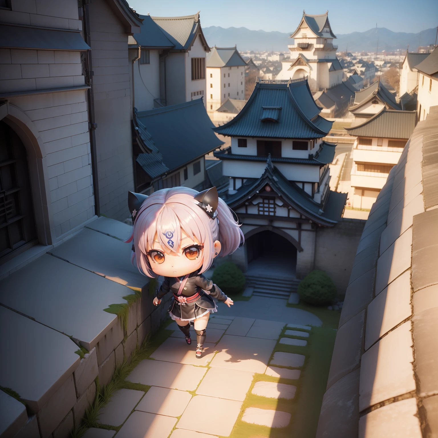 "(((Chibi3D))),Very cute and beautiful chibi anime Japan ninja、🥷、 Himeji Castle、Background of the castle tower、fullllbody、Clamber over the wall、🧗🏻♀️、Face and eyes with well-drawn details、Clear outline、独奏、Chibi3D。"