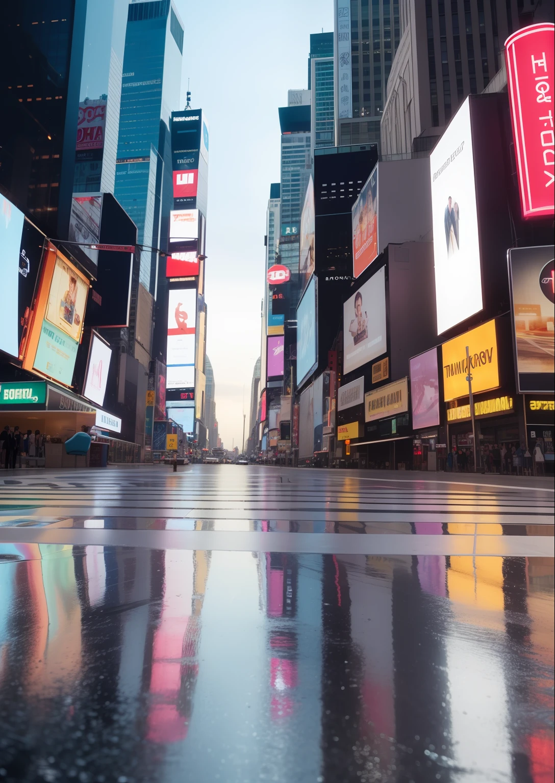 Times Square, reflection on the ground, Morning light, sol radiante, amazing fine details, film photography Nikon D850 Kodak Portra 400 camera f1.6 lente, cores claras, textura realista, ambiente urbano, highrise, neon signs, trending on ArtStation, cinestill 800 tungsten, foto do ano,