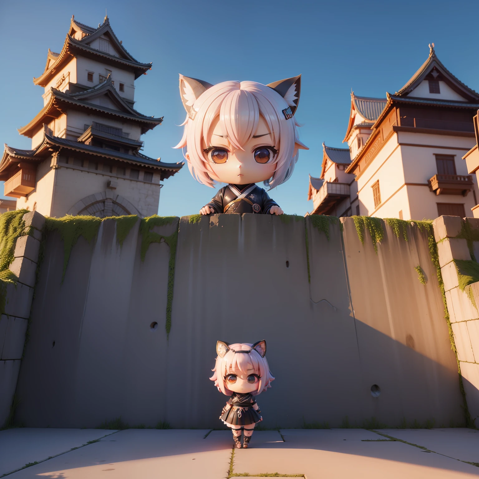 "(((Chibi３D))),Very cute and beautiful chibi anime Japan ninja、🥷、 Himeji Castle、Background of the castle tower、fullllbody、Clamber over the wall、🧗🏻‍♀️、Face and eyes with well-drawn details、clear outlines、独奏、Chibi３D。"