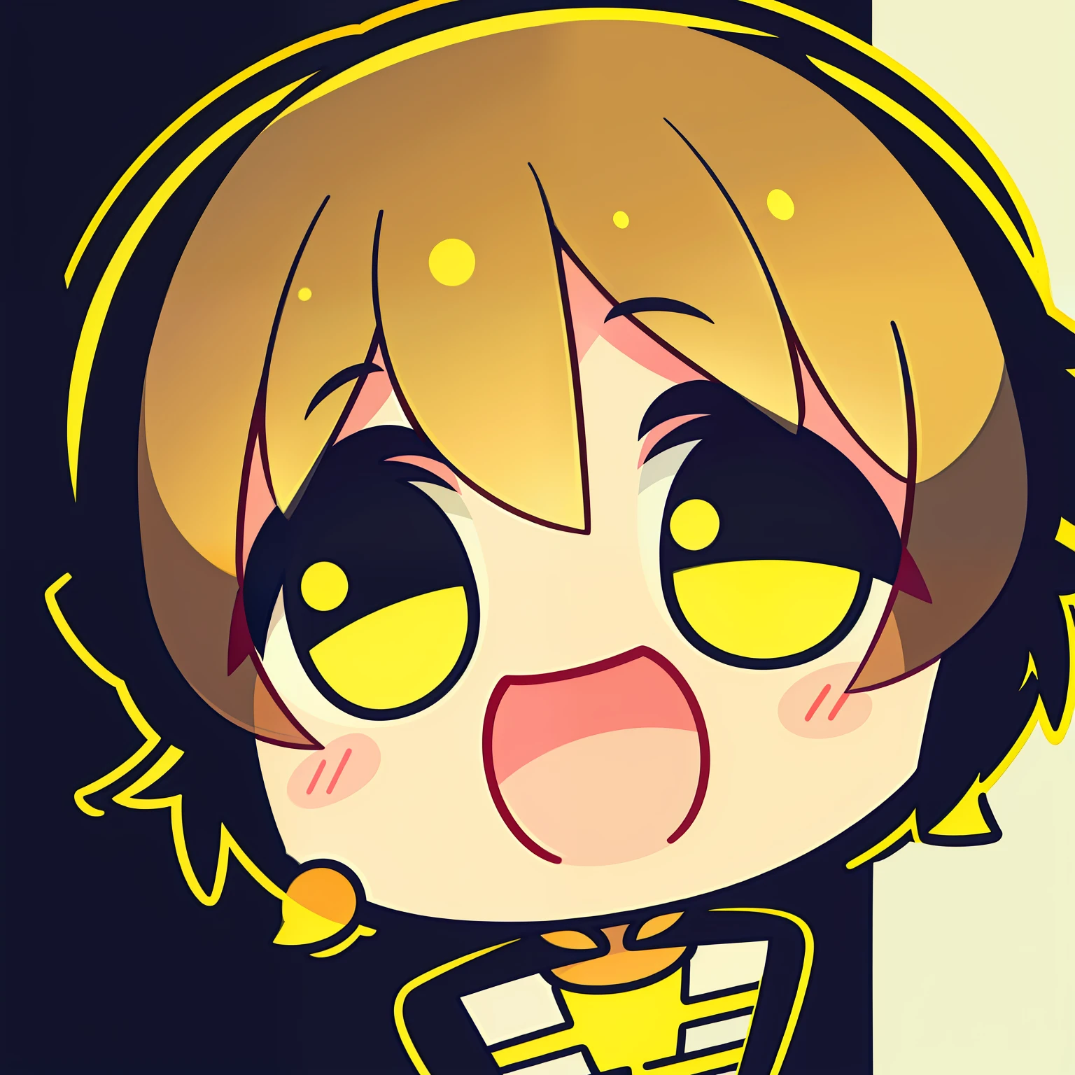 A boy with short black hair and yellow pupils laughs Q printmaking style