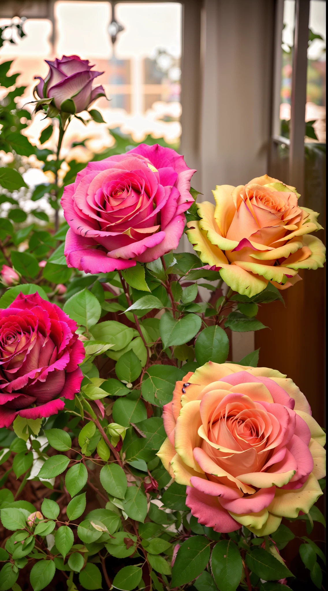 There are many roses of different colors in the bushes outside, rosette, a few roses, pastel roses, flowers blooming, beautiful flowers growing, brightly colored flowers, Colorful flowers, colored flowers, magical colorful flowers, rosses, Beautiful flowers, roses in cinematic light, Blooming flowers, beautiful colorful, exploding roses, more and more flowers, Incredibly beautiful, Glowing flowers