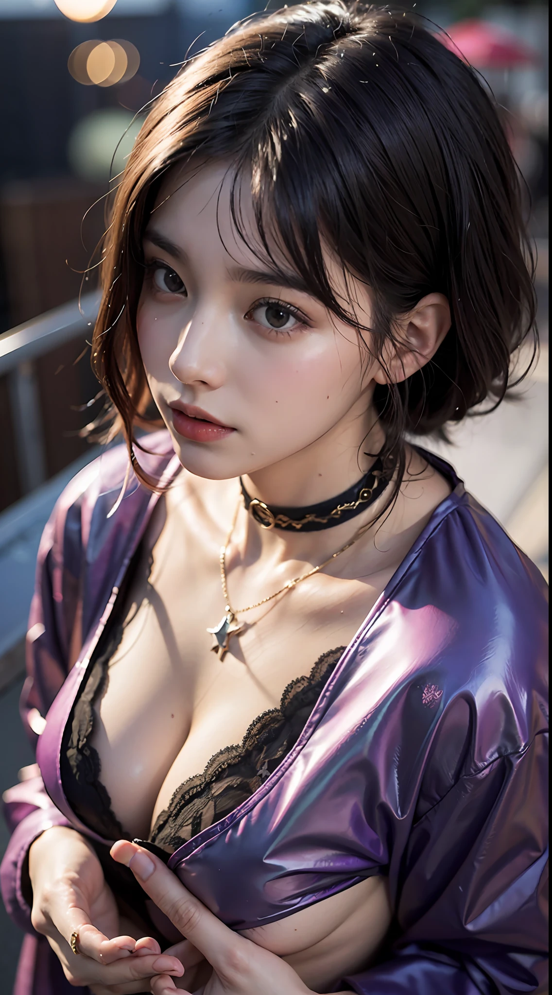 (best qualtiy,8K, Yes,32K,tmasterpiece,hyper HD:1.2),natta,18 years old,Beautiful Japanese woman in the photo,big cleavage breasts,brownish black hair,Super short Bob head,The upper part of the body,sface focus,Ruddy face,Oversized,choker necklace,simple backgound,from the above,looking at viewert ,Purple sexy lace bra and purple lace panties: 1.4. (8K, RAW photos, Best quality, Masterpiece: 1.2), Real people, Realistic, Portrait photos, Night on the roof of a building, At night on the roof of the building,There is a lot of sweat on the body,It rained heavily,Wet all over,wearing rain coat,