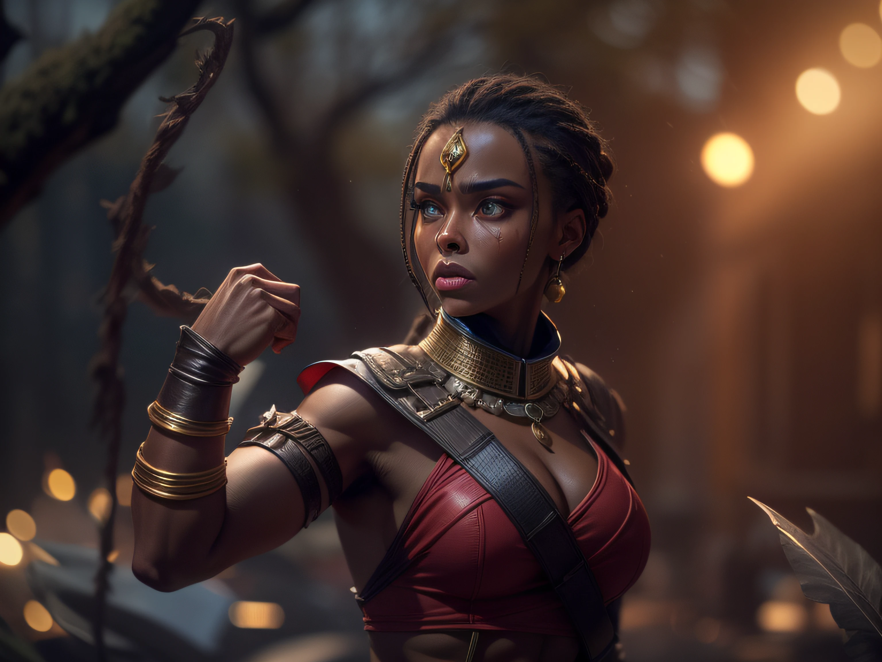 Close a powerful threat, The imposing appearance of a beautiful and powerful warrior Dora Milaje in a combat pose, menacing stare, ricamente detalhada, Hiper realista, black skin like shiny oil, mulher muito linda, corpo espetacular, Mulher curivilinea, 3D-rendering, obra-prima, NVIDIA, RTX, ray-traced, Bokeh, Night sky with a huge, Lua cheia bonita em uma floresta reluzente, estrelas brilhando, 8k,