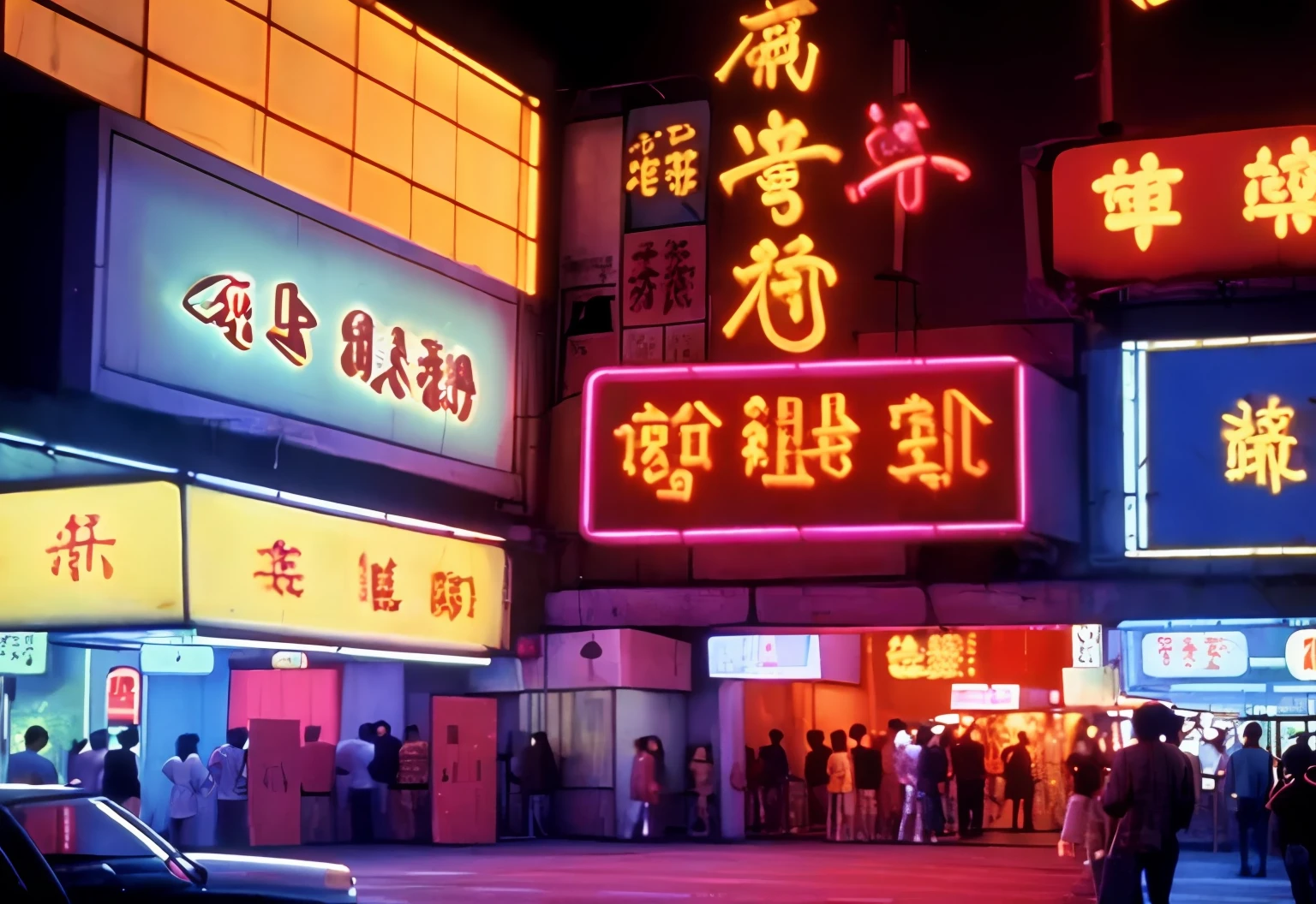 masterpiece, best quality,film grain, high saturation, scenery,night,light_of,neon lights, neon trim, hongkong, 1990