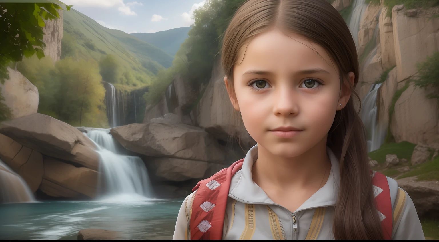 "Generate a hyper-realistic image of a -yeld gifrom north serbia with authentic Serbian features, set against a realistic waterfall background, showcasing the best quality and intricate details."