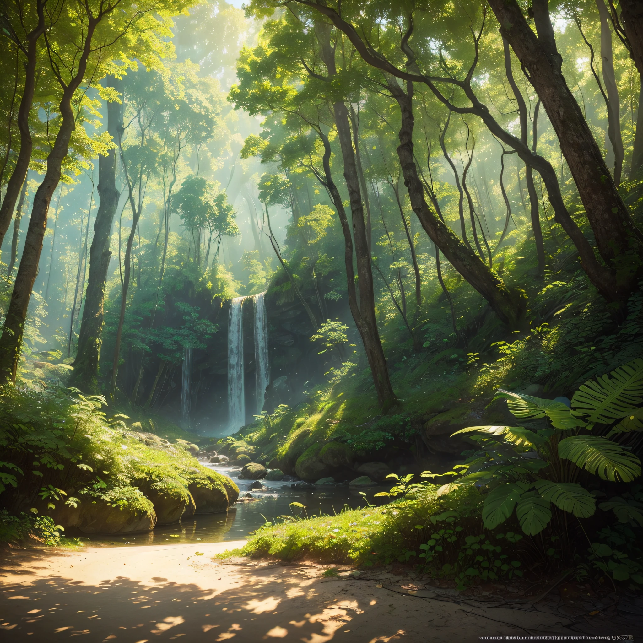 (extremely detailed,painting-like CG art, masterpiece, best quality, ultra-realistic),(beautiful colors, best illumination and shadow, an extremely delicate and exquisite),wide shot,lush forest, calm beach, sunset, radiant sky,tranquil water, romantic ambiance. --auto