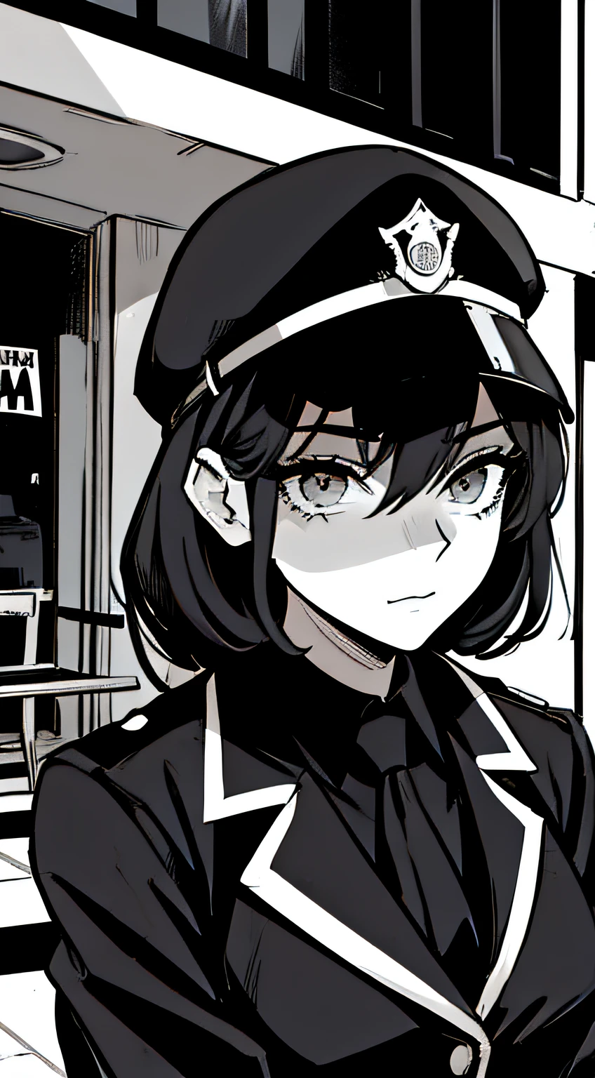 (Noir Comics-style illustration:1.2),(Black and white_High contrast),Mafia Female Officer Wanted Poster
