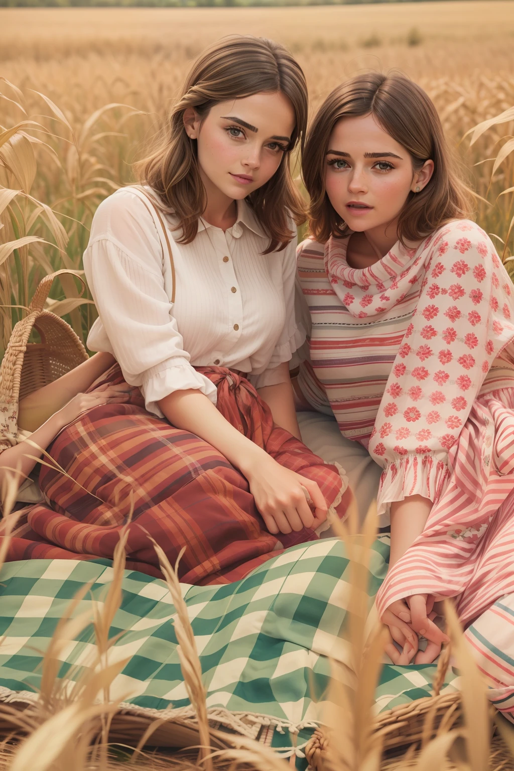 A photo of a large picnic blanket lies in a cornfield, two women sit on the blanket, Jenna Coleman, Emma Watson