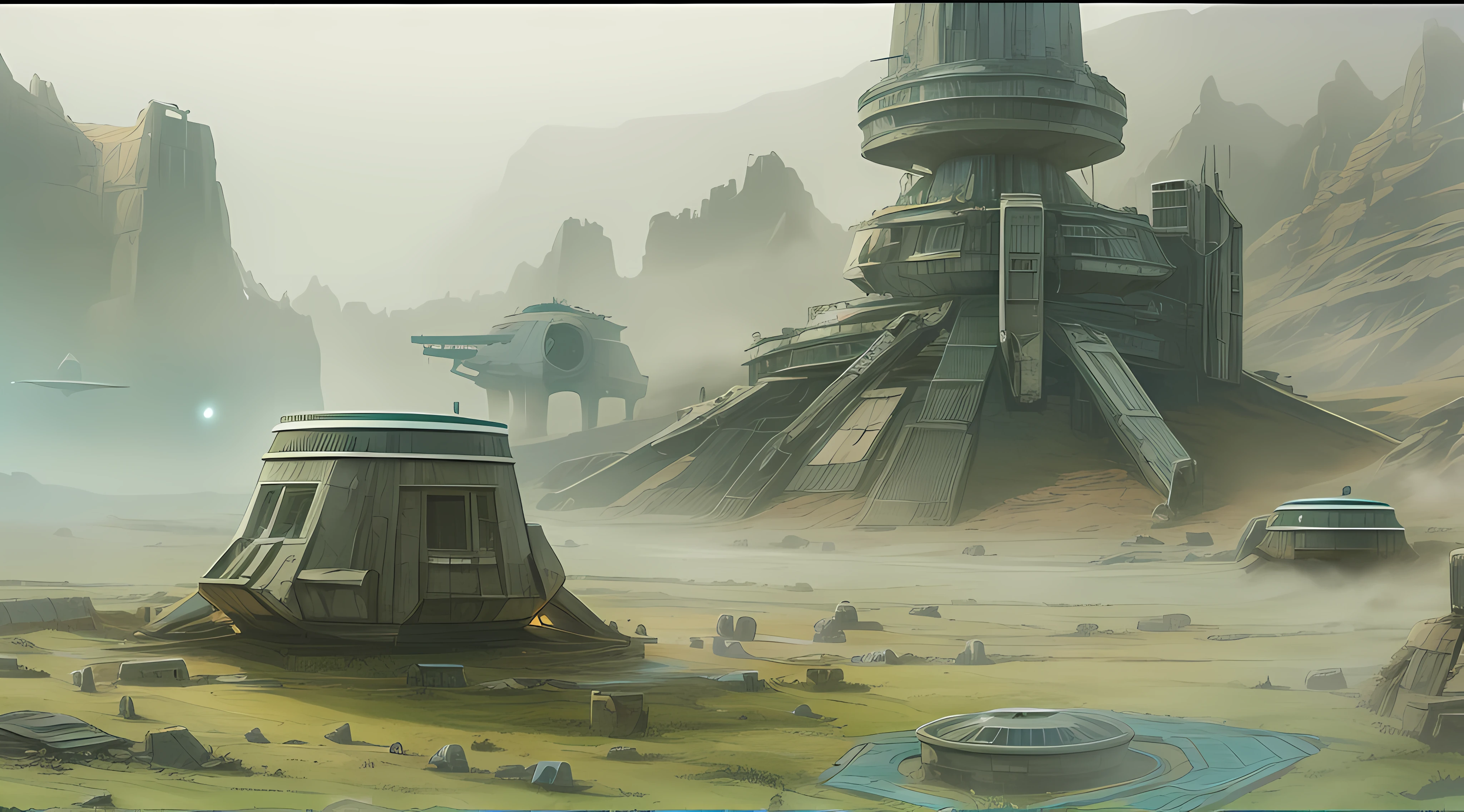 Star Wars abandoned settlement on a misty rocky planet