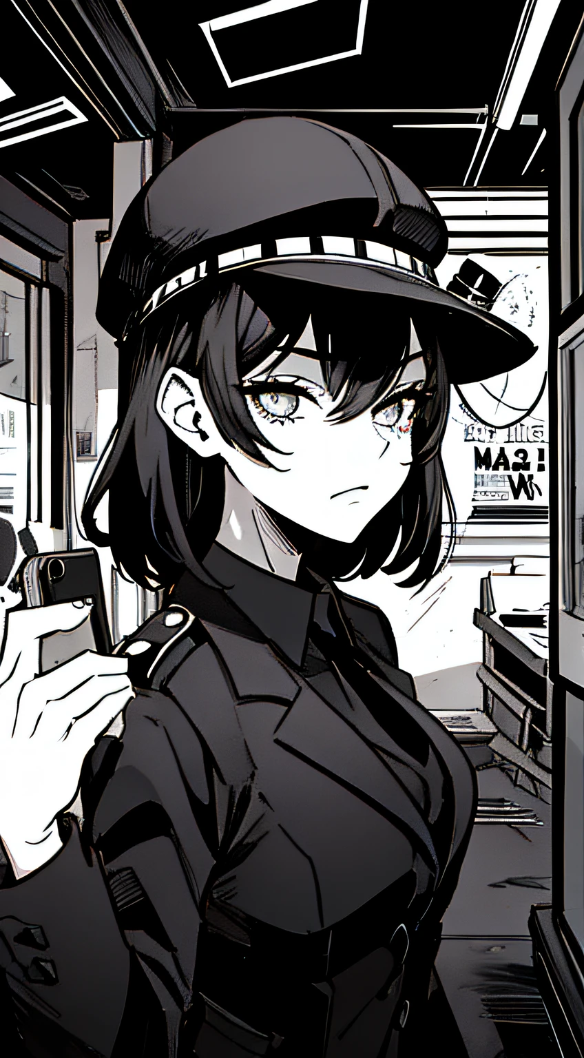 (Noir Comics-style illustration:1.2),(Black and white_High contrast),Mafia Female Officer Wanted Poster