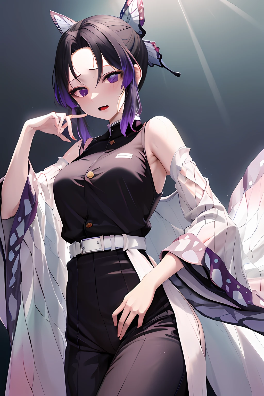 masterpiece, top-quality, Hi-Res, 1girl in, 独奏, kochou shinobu, butterfly hair ornament, a purple eye, O cabelo multicolorido, shorth hair, partedbangs, haori, Wide sleeves, long-sleeve, Black pants, Black jacket, a belt, cowboy shot, arma, The sword、terrorism、terrifying、fear、bodily fluids、Liquid、Beautiful、mideum breasts、Saliva、Urine、masturbation、Sweating、perspiring、Gani crotch、Opening legs、Sexual organics、Sit up、Gani crotch、Open your crotch、opening legs、Show genitals、undergarment、show through、getting wet、White liquid、White stuff