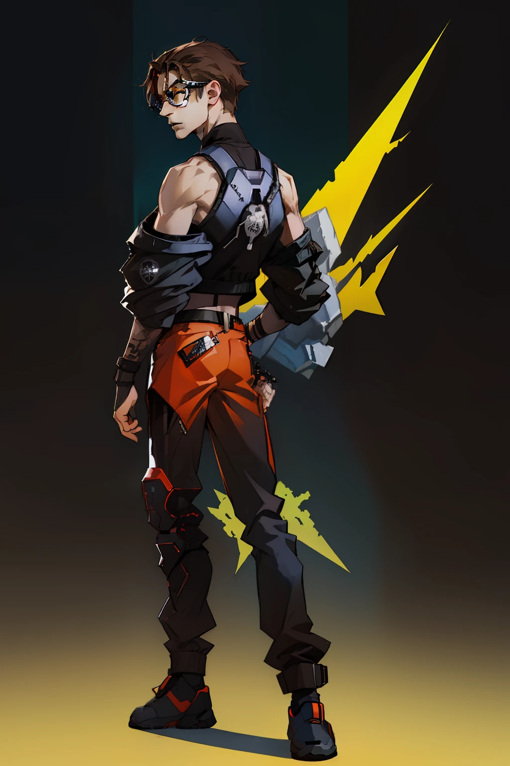 (absurdes, ah high, full - body, ultra detialed), ciberpunk, 1 male, mature, 独奏, youth,  guy, wide shoulders, beutiful, brown-hair, medium hair back, yellow eyes, eyeglasses, forehead, A pistol leans against his lips, angular jaw, Wide neck,  ciberpunk, Simple background, Elegant cyberpunk clothing, gaze at the viewer, stands upright