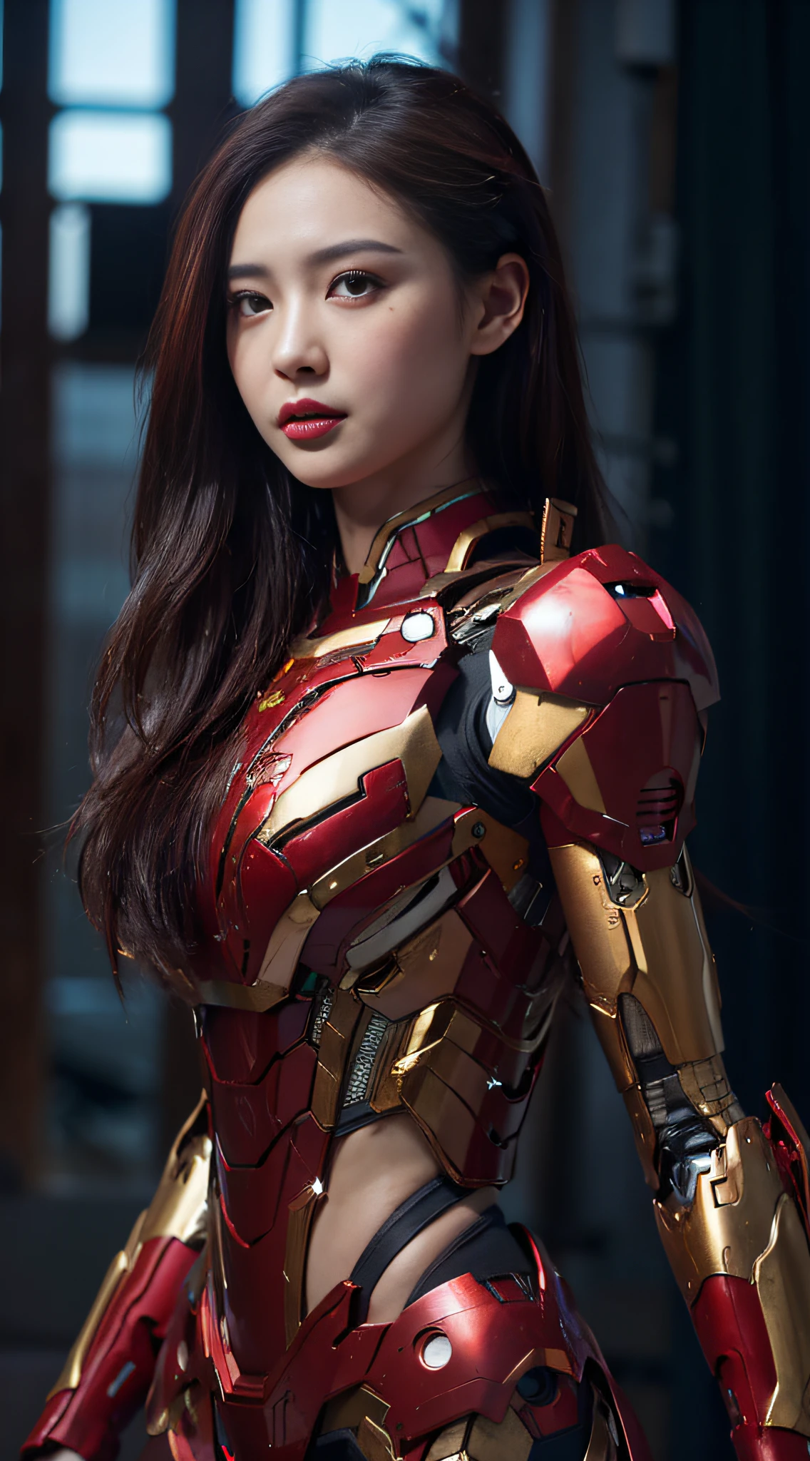 Chinese theme,RAW, Masterpiece, Ultra Fine Photo,, Best Quality, Ultra High Resolution, Photorealistic, Sunlight, Full Body Portrait, Stunningly Beautiful,, Dynamic Poses, Delicate Face, Vibrant Eyes, ( Frontal View) , she is wearing a futuristic Iron Man mech, red and gold color scheme, highly detailed abandoned warehouse background, detailed face, detailed and complex busy background, messy, gorgeous, milky white, high detailed skin, realistic skin details, visible pores , sharp focus, volumetric fog, 8k uhd, dslr camera, high quality, film grain, fair skin, photorealism, lomography, sprawling metropolis in futuristic dystopia, view from below, translucent