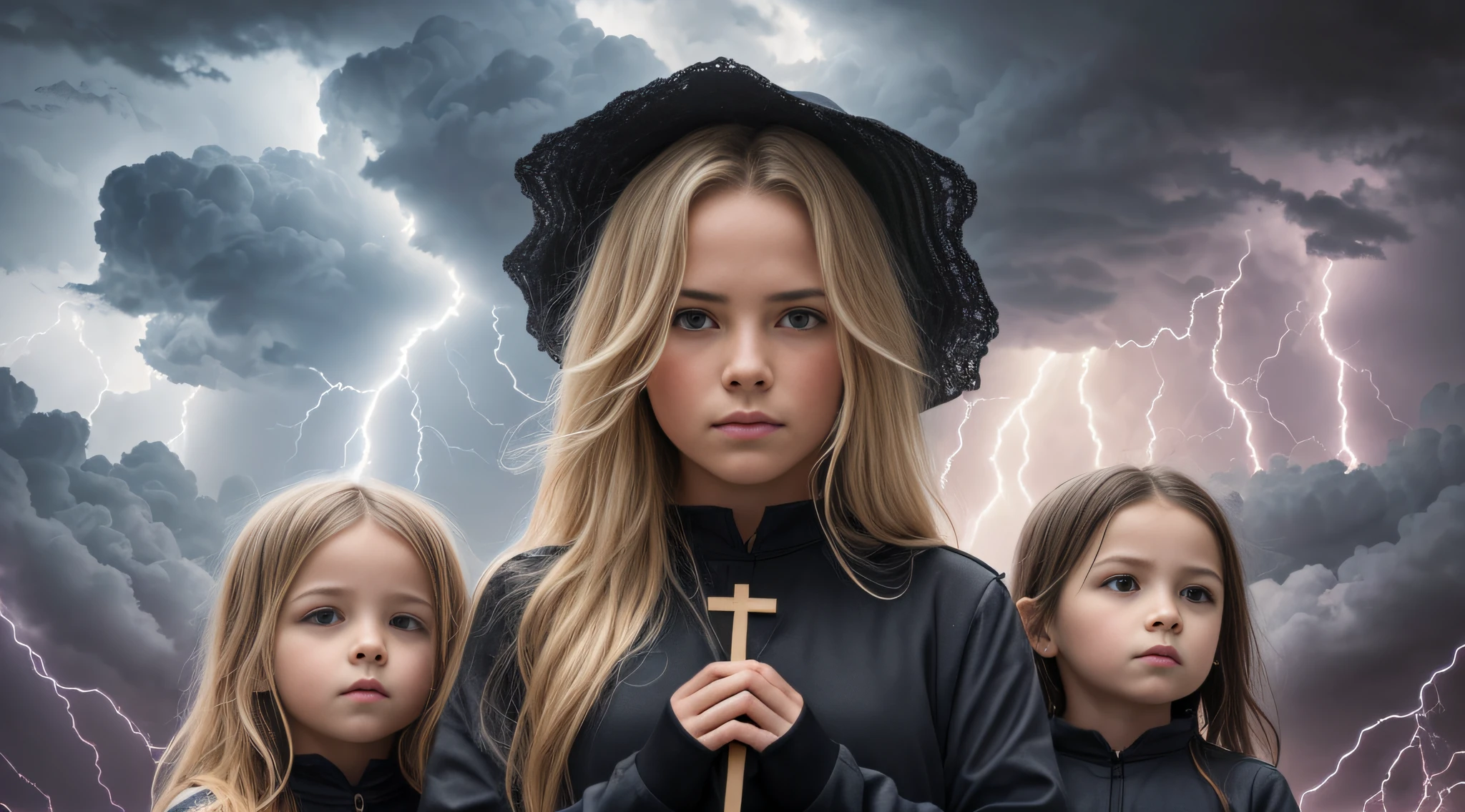 Um meio corpo, Portrait of 3 girls German children long blonde hair TRAIDS , jaquetas couro vermelhas, holding in his hands a cross, Image of a large cloud of black smoke and lightning, magic storm and thunder clouds, Dark clouds and lightning, stormy sky with thunders, dark storms with lightning, thunderstorm in the sky, tempestade assustadora, fundo da tempestade, lightning clouds, nuvens tempestuosas escuras, tempestade, Tempo tempestuoso com raios, fundo da tempestade, trovoada ao fundo, fundo da tempestade de raios, Trovoadas