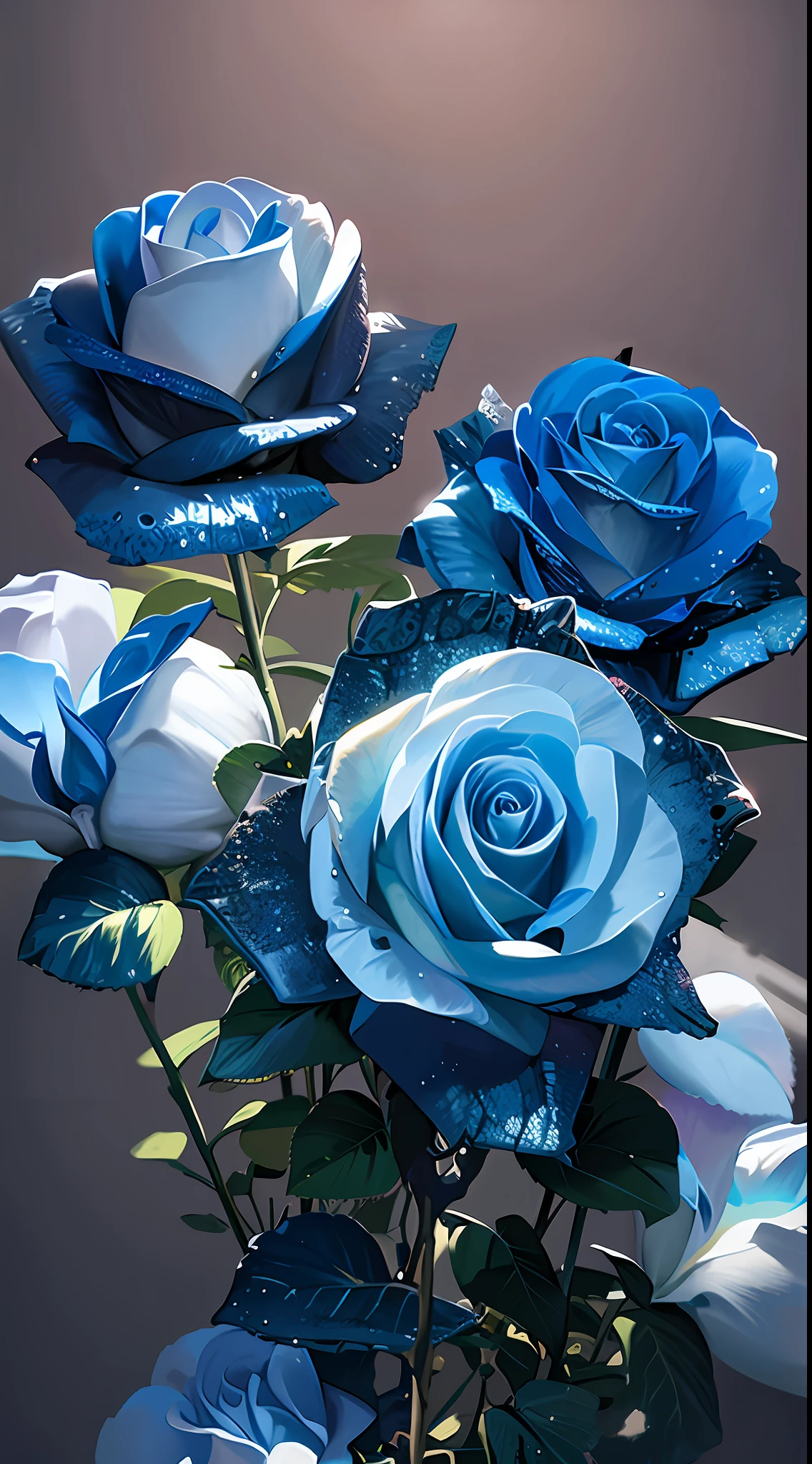 There are two blue roses，There are water droplets on it, Blue rose, roses in cinematic light, rosette, rendering a blue rose, dominant wihte and blue colours, translucent roses ornate, a few roses, Warm shades of blue, in white and blue, blue white colors, Blue and white, pastel roses, light blues, Shades of blue, rosses