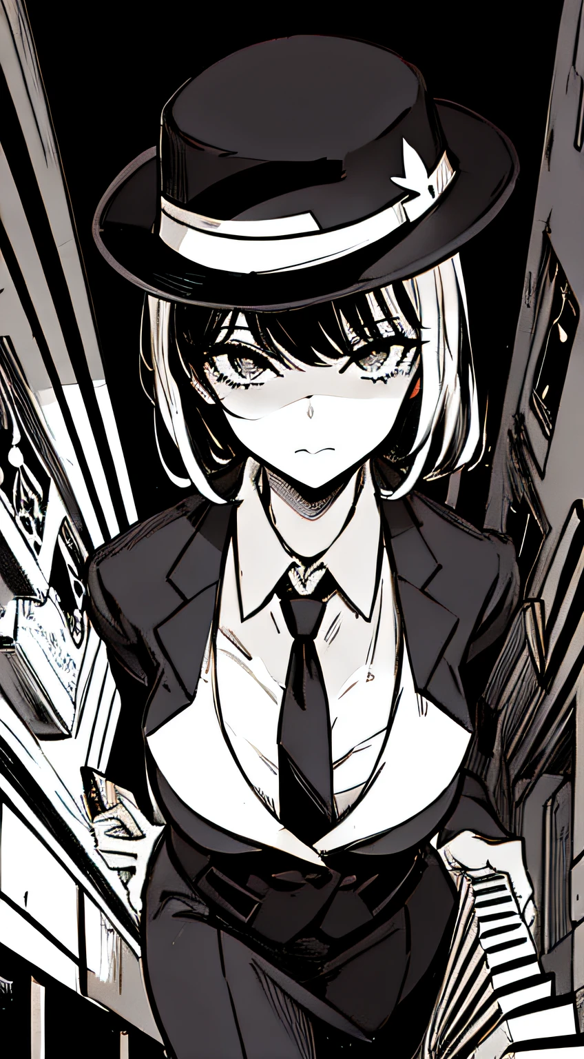 (Noir Comics-style illustration:1.2),(Black and white_High contrast),Mafia Female Executives