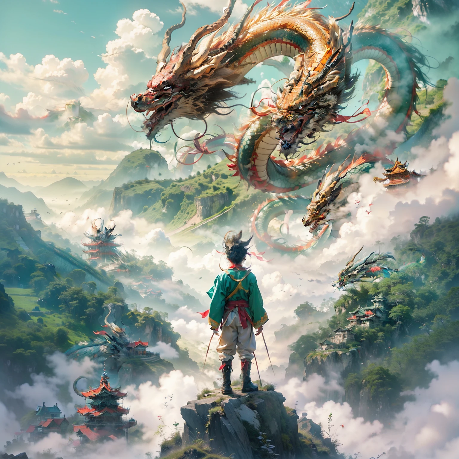 A Chinese dragon soars over a high mountain in the distance,high detal,A boy in period costume stands on a cliff looking at a Chinese dragon,The boy turned his back to the camera,A wonderland building suspended in the sky,,Close-up perspective,acurate,high qulity,best qualtiy,ultra - detailed