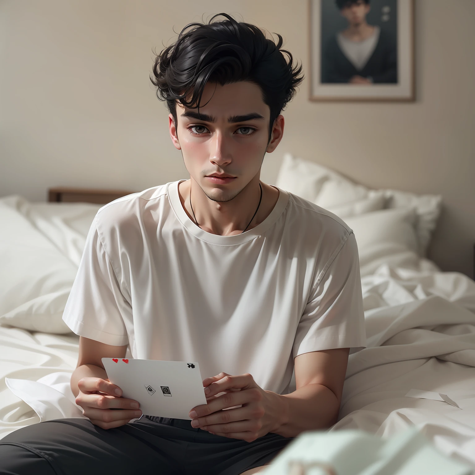 ultra realistic image of a 25 year old man, short black hair, dressed in a simple white shirt and simple black shorts, sitting on the bed, holding a small card, looking at the card with a sad expression