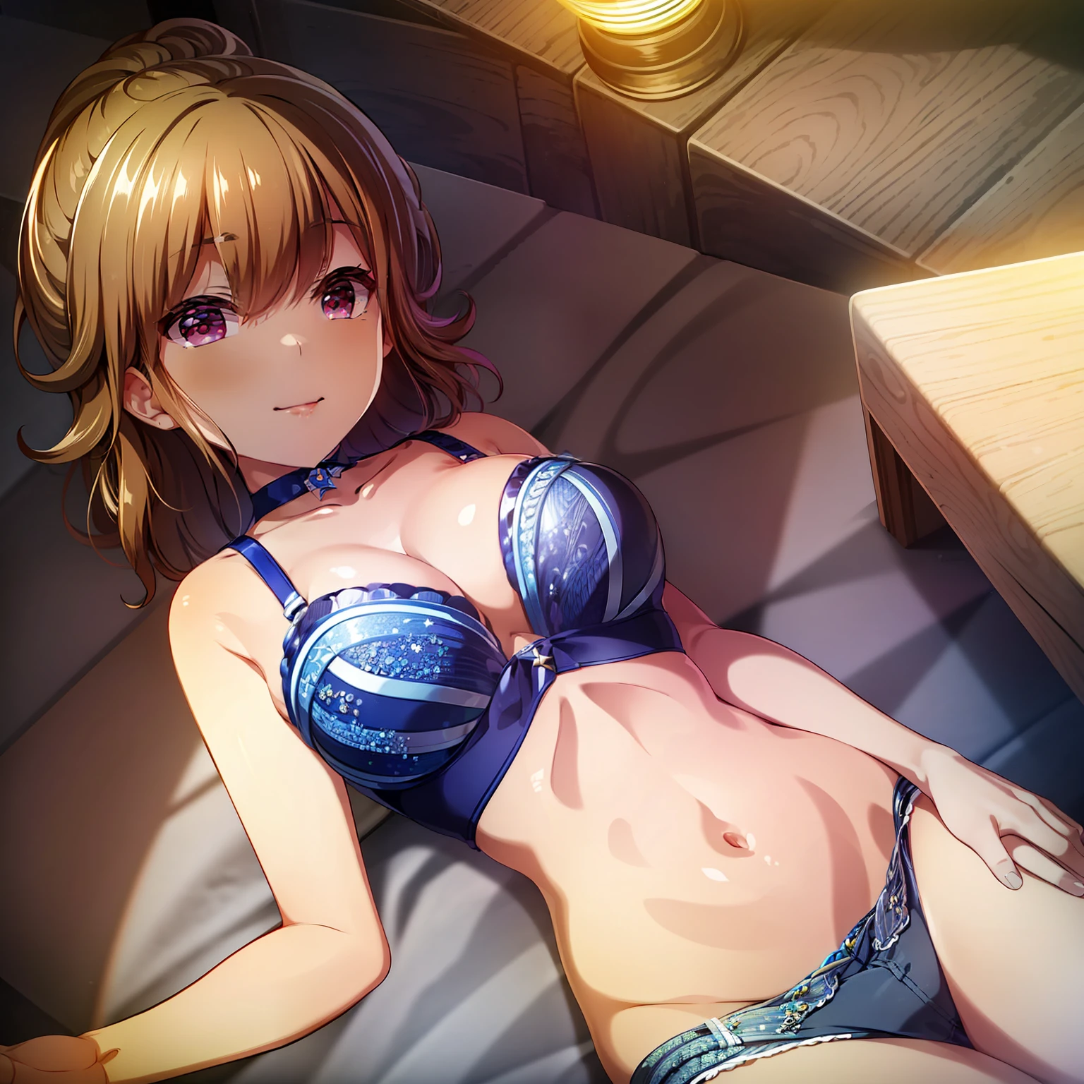 ((Top Quality, 8k, Masterpiece: 1.3)), Beauty, 1 Girl, Beautiful: 1.3, Slender Abs: 1.1, beautiful lighting, blue shorts, bra, cleavage, looking at viewer, lying on the bed,hayasaka mei
