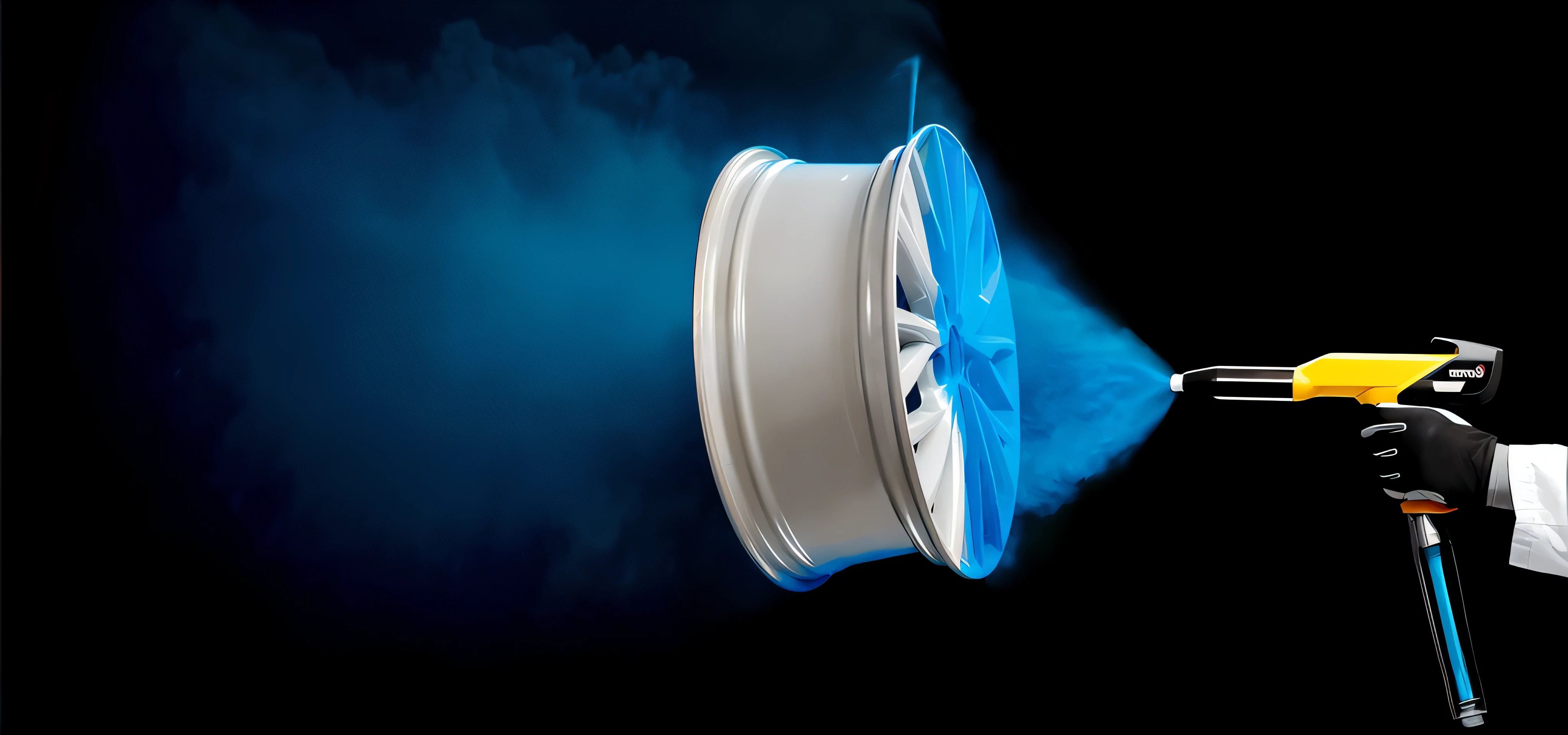 There is a person holding a tool and a spray gun, jantes brancas, smoke coming from the tires, Luz de aro 3d, 3D rim lamp, rodas de liga leve detalhadas, smoke behind wheels, Blue rim lighting, luz de aro suave, cinematic rim lighting, gelo seco, roda, Rim lighting, aro lght, Swirling blue smoke, luz de aro, aro - leve