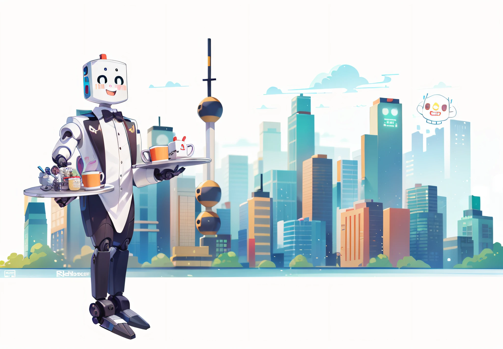 (best quality:1.4),cartoon style,happy style,Suitable for five-year-olds,(robot's appearance is very cute:1.4),
(a robot:1.2),(wearing a tuxedo:1.2),tray,coffee mug,White towel,Looks like a butler,
Pure white background,city background,Normal human body structure,(Simple design:1.1),(simple composition:1.1),