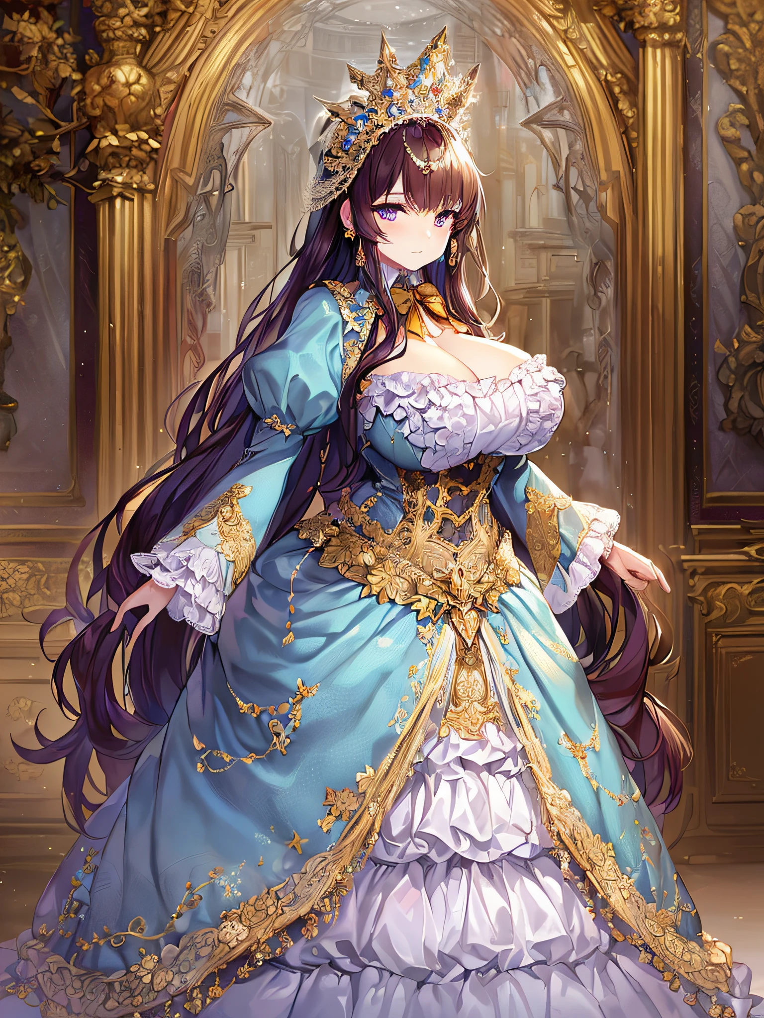 ((anime artstyle)),(Masterpiece),(Best Quality), (Super Detail),((Very Delicate and Beautiful)),((Solo)),((full body)),((1 princess in gorgeousfull victorian dress)),many ruffles,detailed face and eyes,jewel-like eyes,((voluminous Very Long Straight Hair)),((gorgeousfull embroidery and lace)),gorgeous corsage,See-through,gorgeousfull hair ornament,gorgeousfull glitter jeweled tiara,ornate ruffles,((gigantic breasts,Long breasts)),skindentation,((full body)),((hoop skirt,crinoline)),standing pose,Dynamic Angle,Looking at viewer,royal victorian palace,(((gorgeous embroidery gorgeousfull victorian dress)),full body
