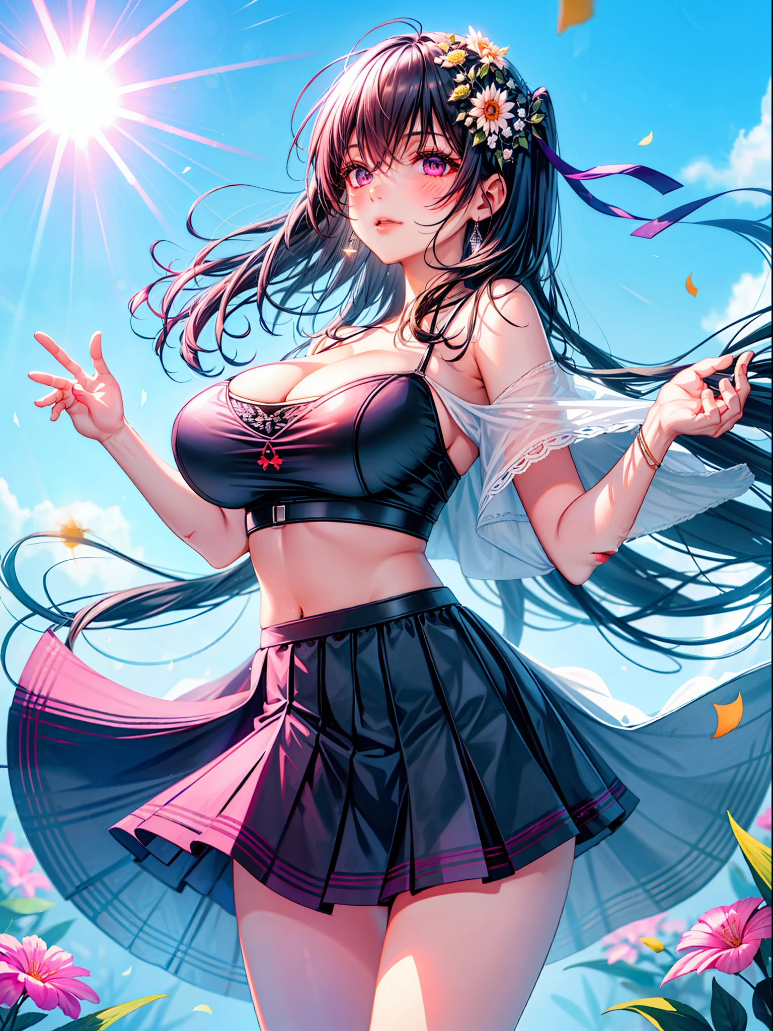 realisticlying，1girl，Black hair，Purple eye，glowing light eyes，Cut the top，a skirt，parted lip，Be red in the face，the night，fresh flowers，suns，rays of sunshine，Huge breasts，blush，