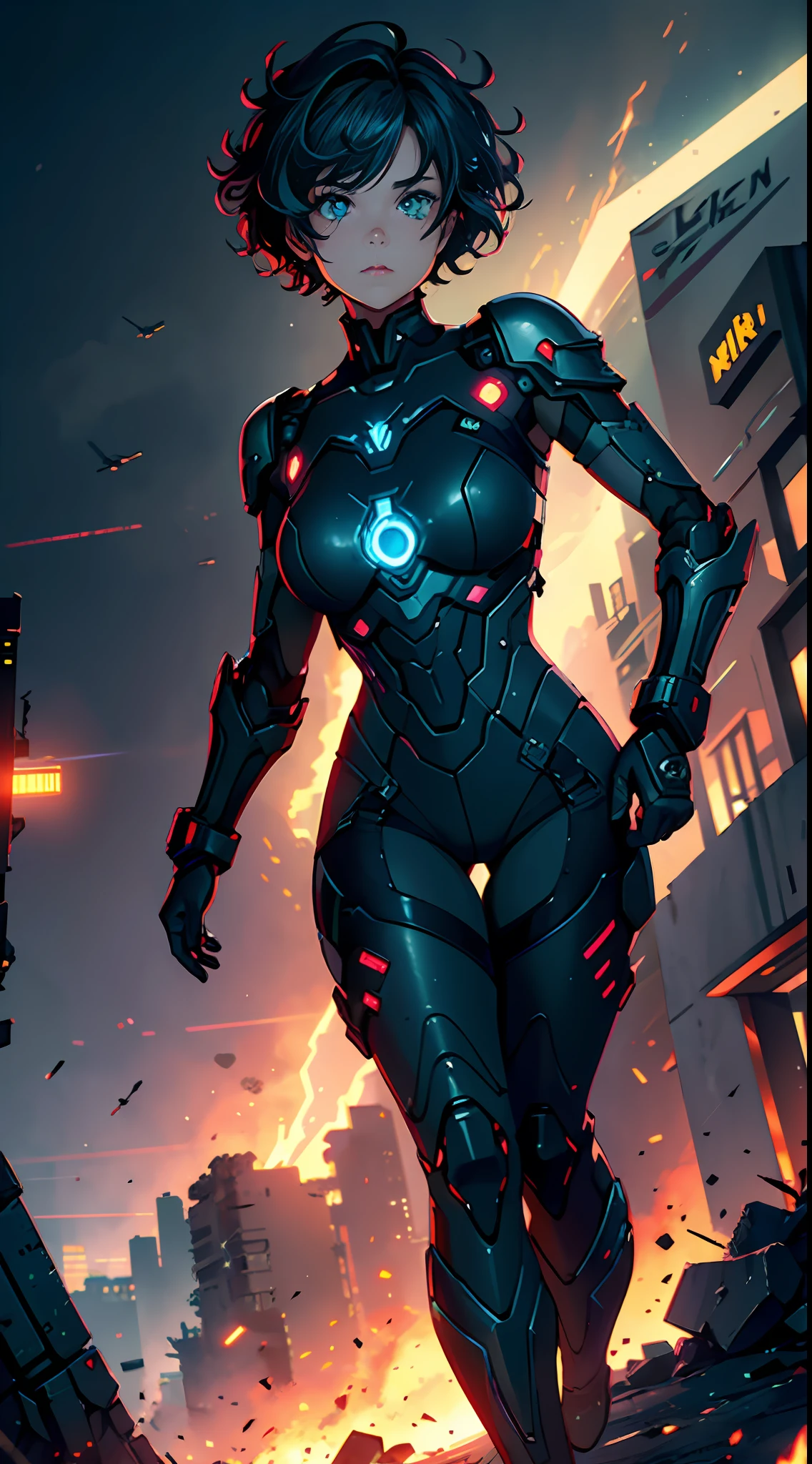 A girl with a robotic arm on the burning battlefield，Robotic arm，Sexy plump body，short, Slightly curly gray hair，Gradient hair color，green pupills，clench one's teeth, Nervous，exposed bare shoulders，Wearing a tattered black armor top，（Break 1.5），Large breasts，Black skinny shorts，Glowing sci-fi weapon in hand，sci - fi weapon，cyber punk perssonage，high-quality picture，Ruins of a city full of firelight in the background，（Firelight 1.2），full bodyesbian，futurism, Cinematic lighting, Ray tracing, From above, Masterpiece, Textured skin, High details, High quality