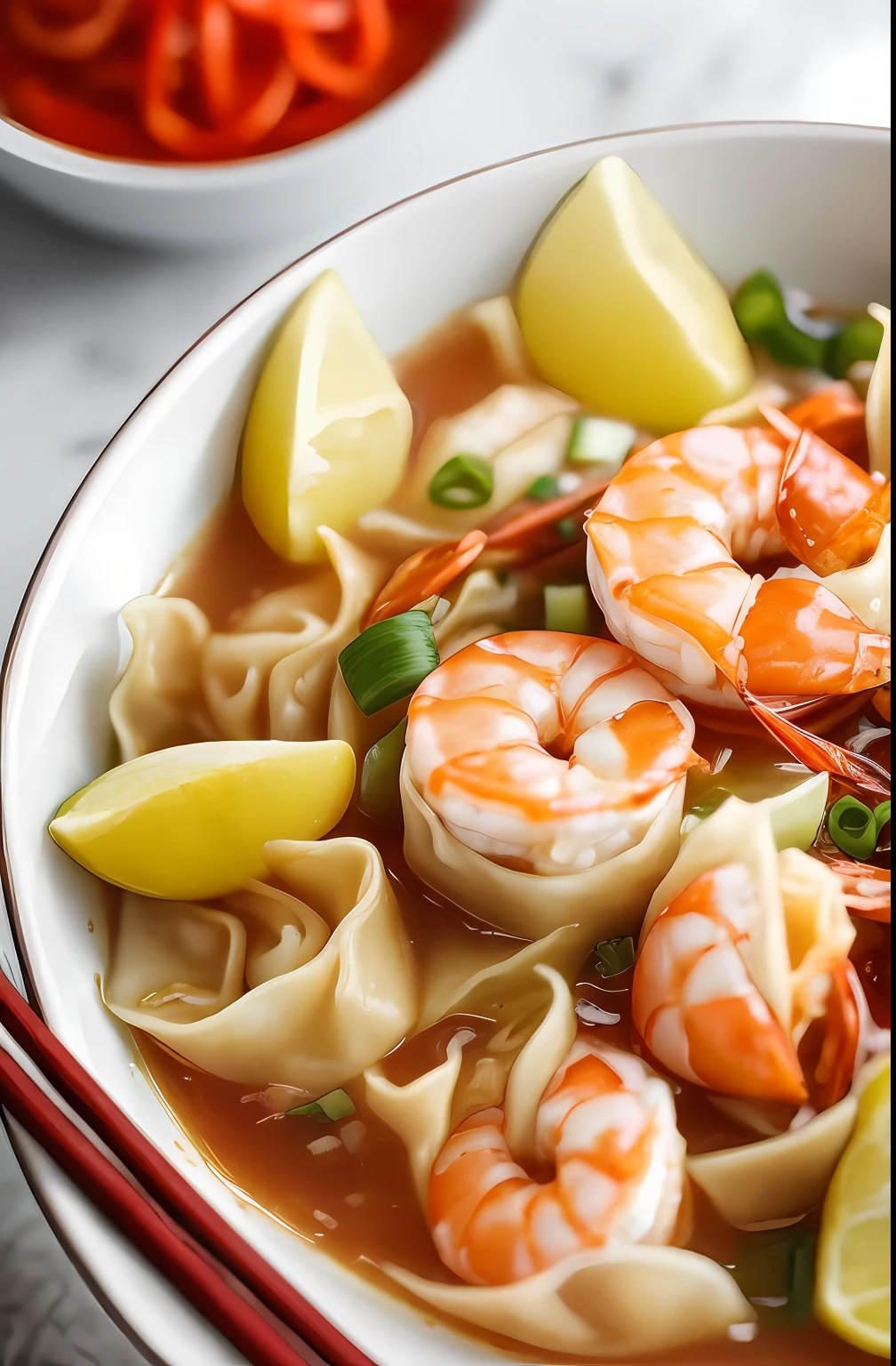 food， photography of， Close-up of a bowl of shrimp wonton，vegetable，Chopsticks pick up a wonton，