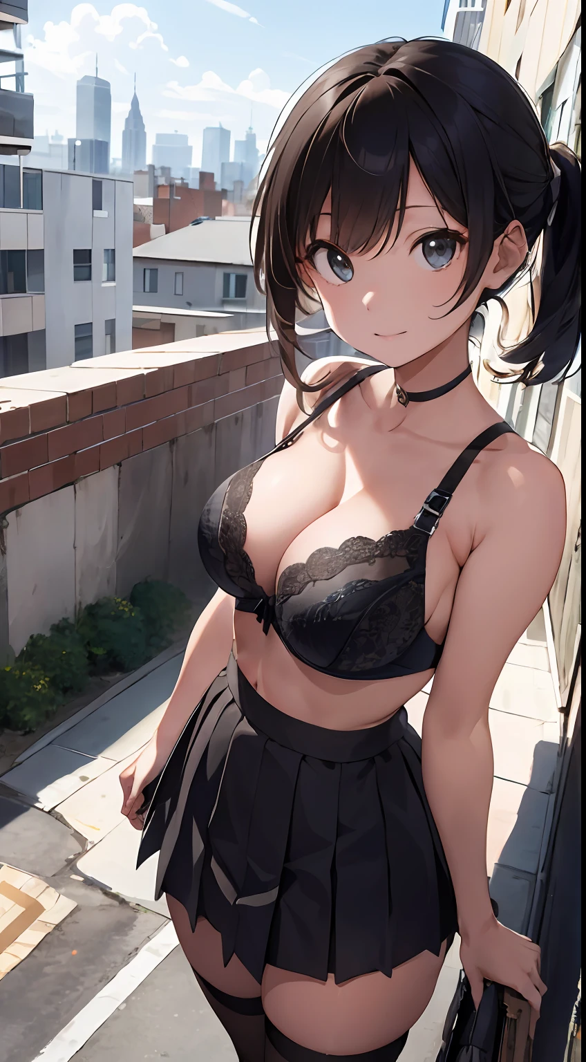 A high resolution,ultra - detailed,(1girll:1.3),(Large breasts 1.5),(Bra 1.5),(ultra short skirt 1.5)Create a rooftop view in an urban setting,Features panoramic city views