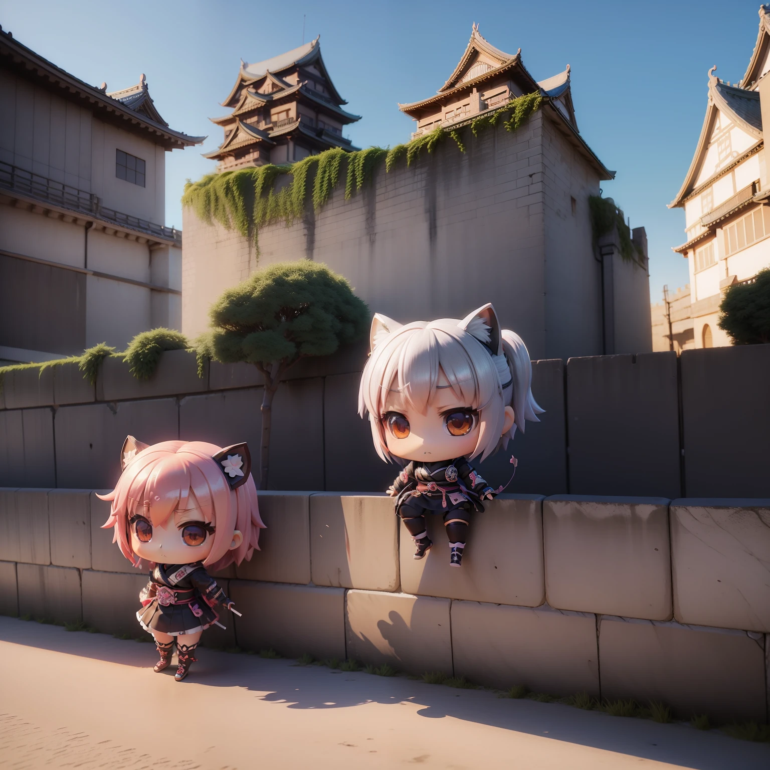 "(((Chibi3D))),Very cute and beautiful chibi anime Japan ninja、🥷、 Himeji Castle、Background of the castle tower、fullllbody、Clamber over the wall、🧗🏻♀️、Face and eyes with well-drawn details、Clear outline、独奏、Chibi3D。"