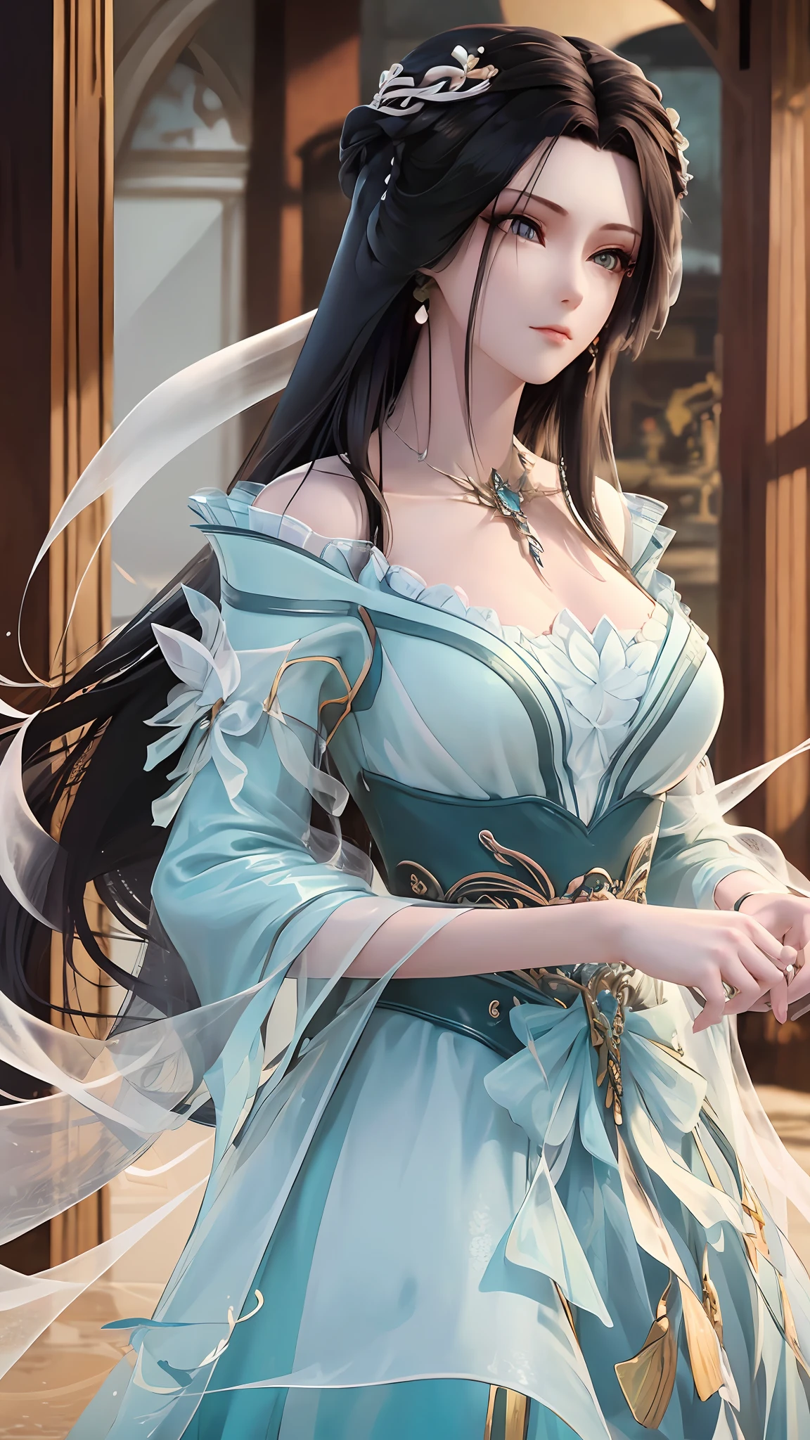 tmasterpiece,Best picture quality,HD 8K wallpaper,Beautiful picture,Elegant single woman,Round dress,Shiny eyes,Detail at its best,An exquisite masterpiece,Pure beauty and lightness,Moderately aesthetic,Gentle and elegant,Attention to detail,Cyan white lace round dress,Immortal