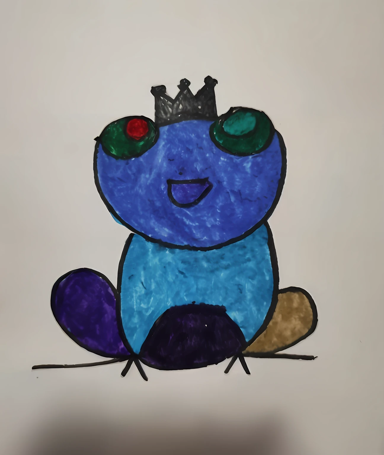 Drawing of a blue bird with a crown on its head, color drawing, 7 year old crayon drawing, color drawing, clown frog king, beginner art, colored ink drawing, “portrait of a cartoon animal, art in the style of joshy sly, full color drawing, psychedelic frog, inspired by Charles Bird King, based on child's drawing, colored accurately