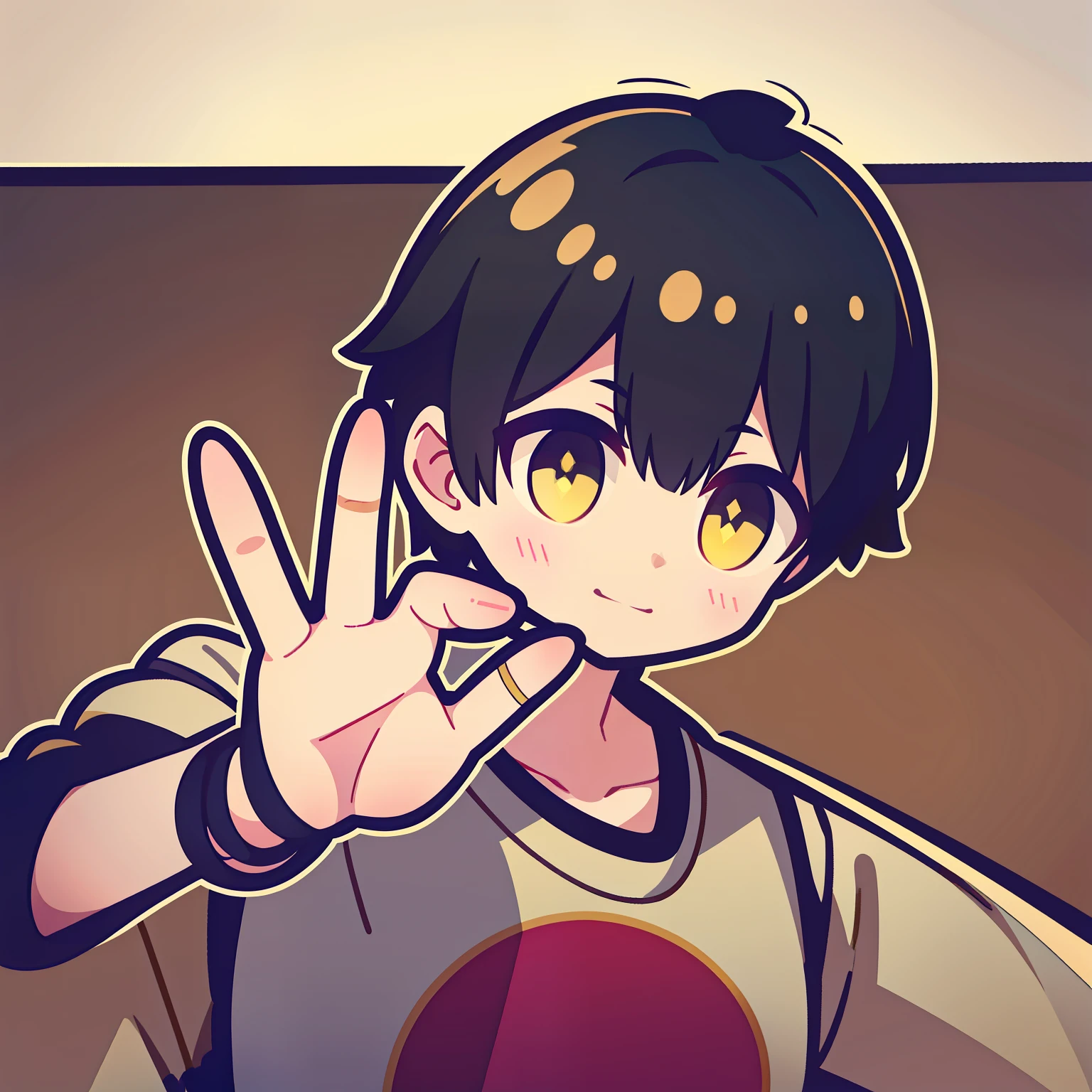 A boy with short black hair and yellow pupils stretched out his right hand to greet Q printmaking style
