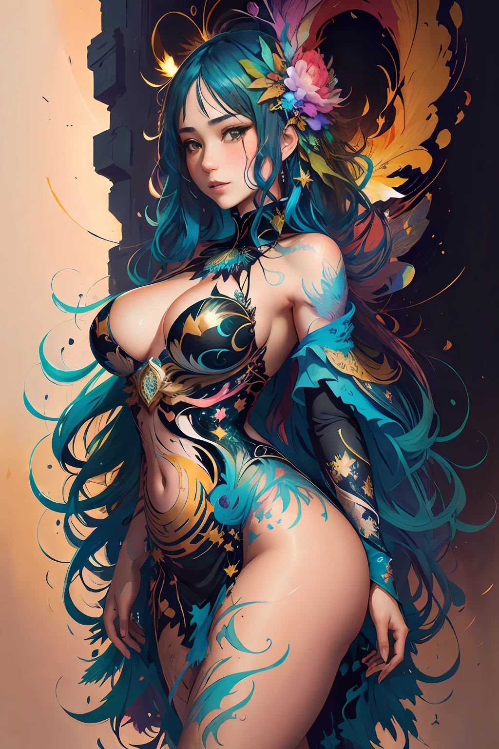 Create a beautiful tree, tree woman With the torso with a feminine silhouette. with the female silhouette, a perfect body. With green leaves.digital drawing, perfect face, Glossy skin, 8k concept art portrait, dynamic lighting, superdetail, detailed image, complex background, alcohol ink drawing.,beautiful woman, Una mujer con cabello azul con un atuendo colorido y un fondo colorido con salpicaduras de pintura, por Hirohiko Araki,Arte Oficial, Unidad 8K Fondo de pantalla, Ultra detallado, beautiful and aesthetic, Obra maestra, La mejor calidad, (Zenredar, mandala, enredo, enredar), 1girl, extremadamente detallado, Dynamic Angle, vaquero, The Most Beautiful Form of Chaos, elegante, A brutalist designed, colores vivos, romanticismo, Por James Jean, Roby Dwi Antono, Ross Tran, Francis Bacon, Michal Mraz, Adrian Ghenie, Petra Cortright, Gerhard Richter, Takato Yamamoto, Madera de Ashley, atmospheric, ecstasy of musical notes, streaming musical notes visible,Estilo wtrcolor, (rosa) Arte digital, Arte Oficial, soplado por el viento, Obra maestra, Beautiful, ((acuarela)), salpicaduras de pintura, Detalles intrincados. Gran detalle, [goteo:0.7], tendencias en Artstation, Rachel Walker,Estilo-Pintura-1900, Una hermosa mujer deslumbrante desnuda completamente cubierta de pintura flotando en una piscina, beautiful lighting, Cerrar, grandes ojos hermosos y detallados, Nirvana, relajado, chill, desde arriba, cuerpo completo, gotas de pintura, Remolinos de pintura, salpicaduras de pintura, tacones altos, (Hermosos remolinos de pintura en espiral), por Jeremy Mann, Por Sandra Chevrier, Por Dave McKean y Richard Avedon y Maciej Kuciara, Alto detalle, 8k, colores contrastantes vivos, chromatic abberation, las estrellas tocan el cielo con fondo de estrellas de pintura de la nebulosa aurora por Style-NebMagic, colores vivos y brillantes, a vibrant digital illustration, fondo negro, behance HD, Obra maestra, La mejor calidad, (realista:1.2), (alto contraste:1.2),Gold decoration,