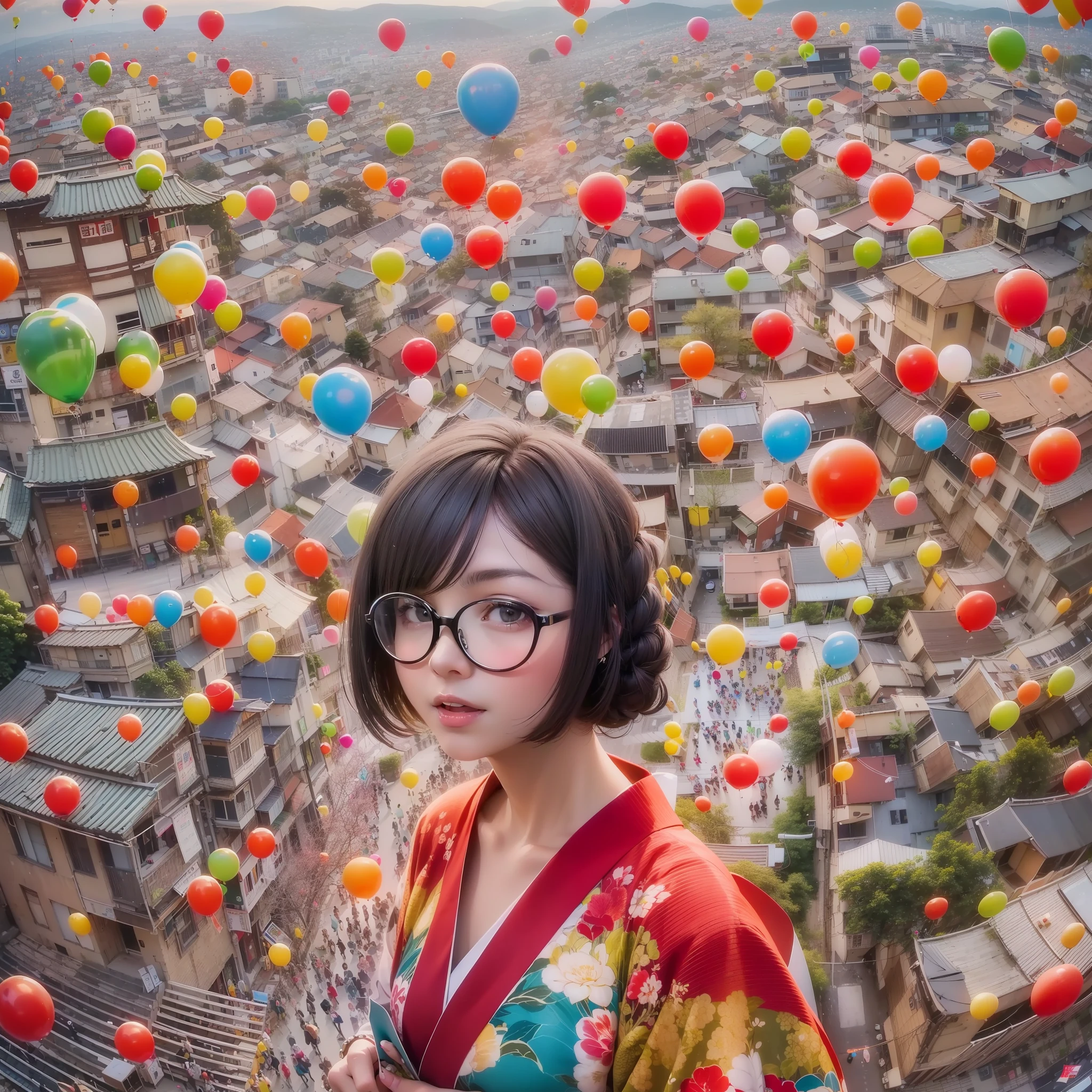 (Top image quality:1.5), (超A high resolution:1.2), (4k:1.4), (fish-eye lens:1.2), 19 year old woman in kimono, Short bob black hair, Hair braided on the right side, Simple red-rimmed glasses, a smile, (Taiwanese:1.2), Colorful cityscape, Paper balloons falling from the sky