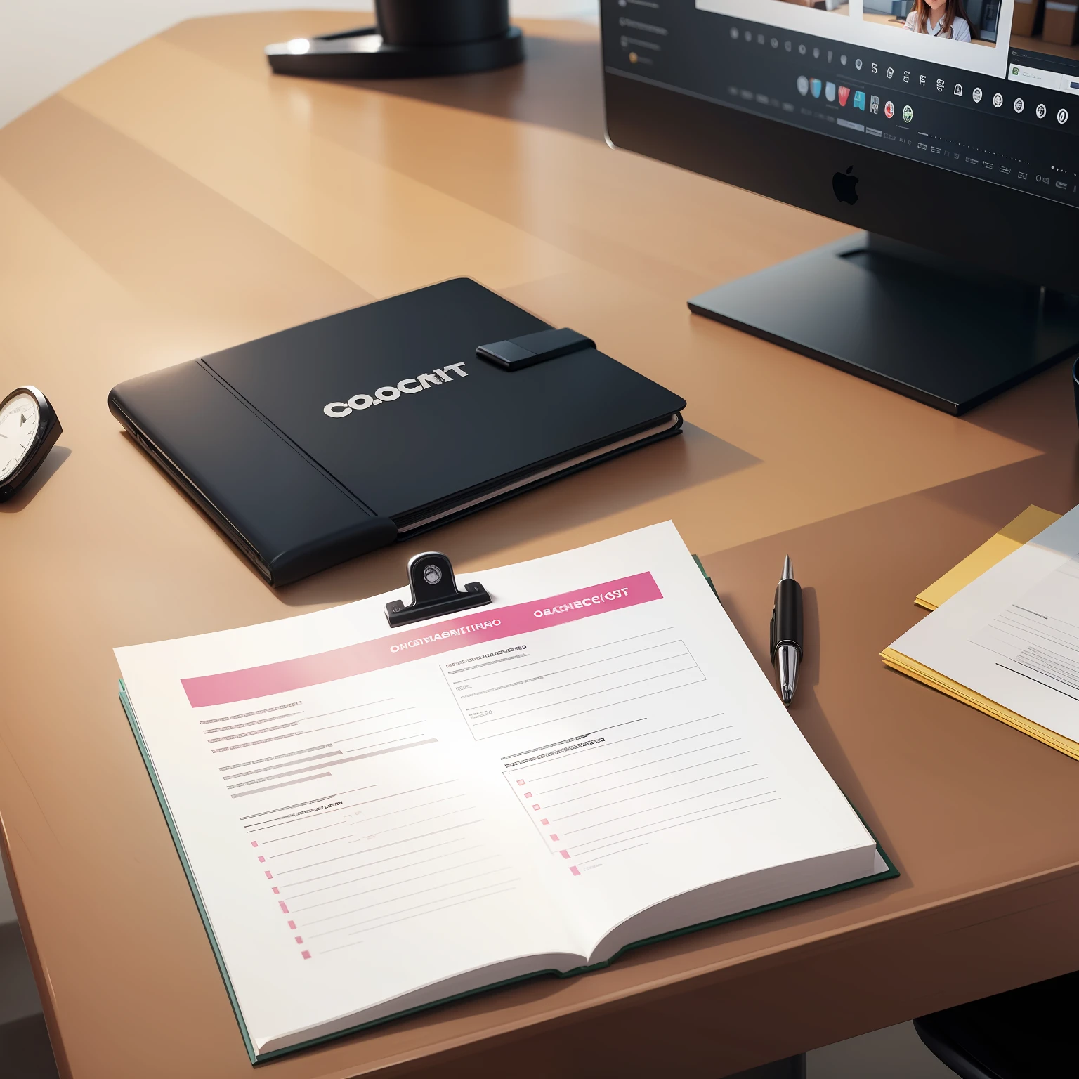 Imagine an office desk, com documentos de identidade com foto, ao lado uma checklist, com luz de abajur