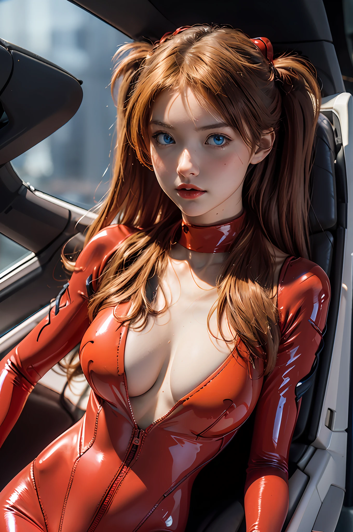 (real)))) Photos, (Full body:1.1)), Top quality, 1 female, Long legs, ultra detailed face, Detailed lips, Detailed eyes, Double eyelids, Beautiful face, Beautiful eyes, Blue eyes, (red bodysuit, red latex), (glossy), Orange hair, Twin tails, Thin waist, Top quality, Pale skin, perfect ass, cameltoe, nude breast, ((( big breast))), (((cleavage))),Su-Liu Asuka Langle, Plug suit 02, in a spaceship background, (Face and eyes details:1.1), Self-righteous, Blush, ((shy)), very delicate and beautiful girl, dynamic pose, (to8 contrast style),