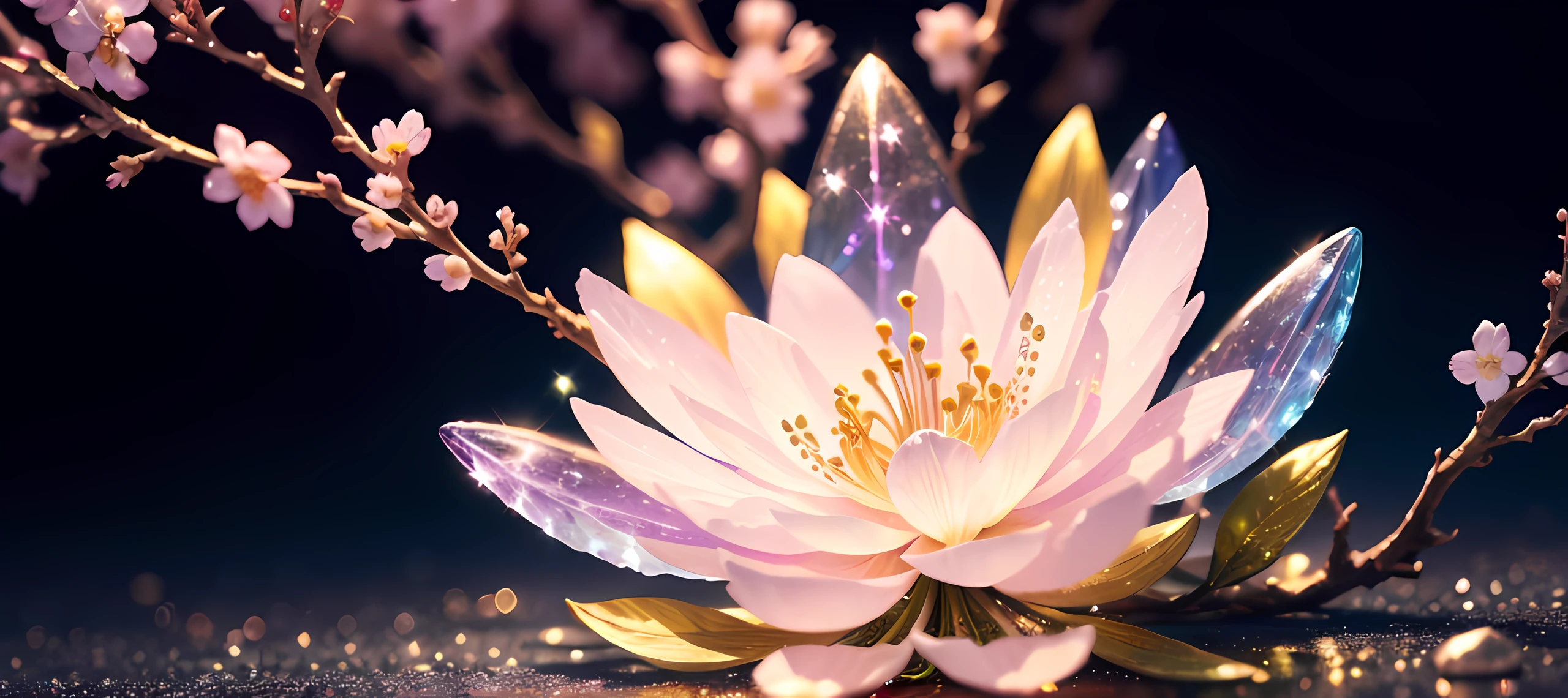 crystal spring blossom,
fantasy, galaxy, transparent,
shimmering, sparkling, splendid, colorful,
magical photography, dramatic lighting, photo realism, ultra-detailed, 4k, Depth of field, High-resolution