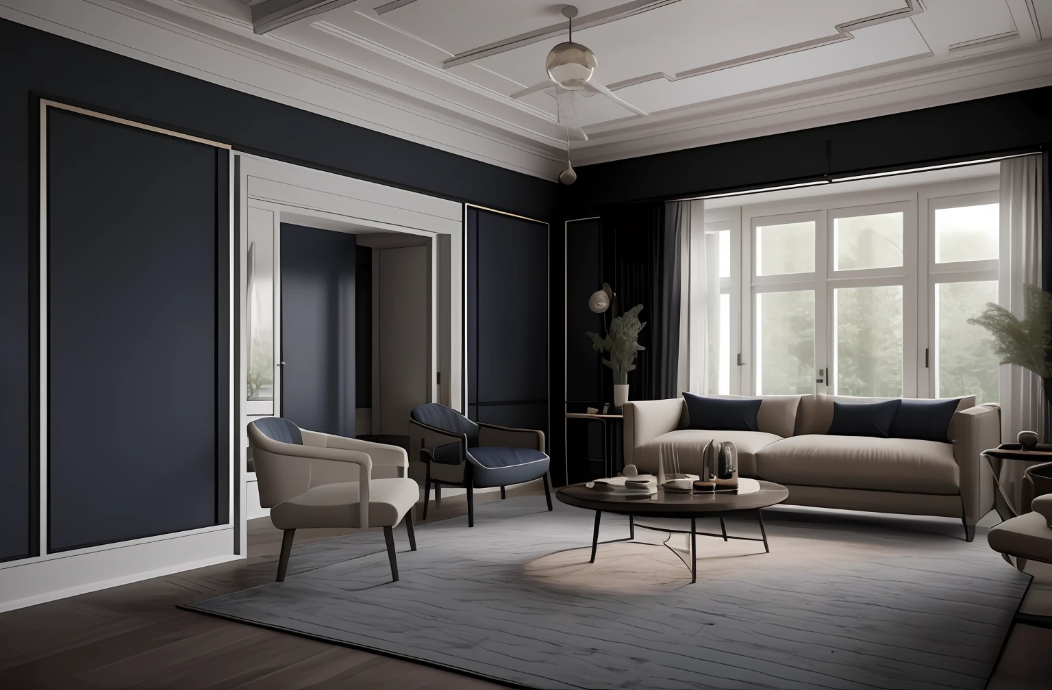 Modern black living room design furniture ideas with blue walls, ((2 dark blue armchairs:1.5)), ((a gray sofa on the right and a black baroque table in the middle 1.5)).   dans le style indigo clair et gris clair, Scandinavian style of the 20th century, Dramatic lighting furniture, tmasterpiece, Best quality, photoreallistic, Design moderne, Interior Design