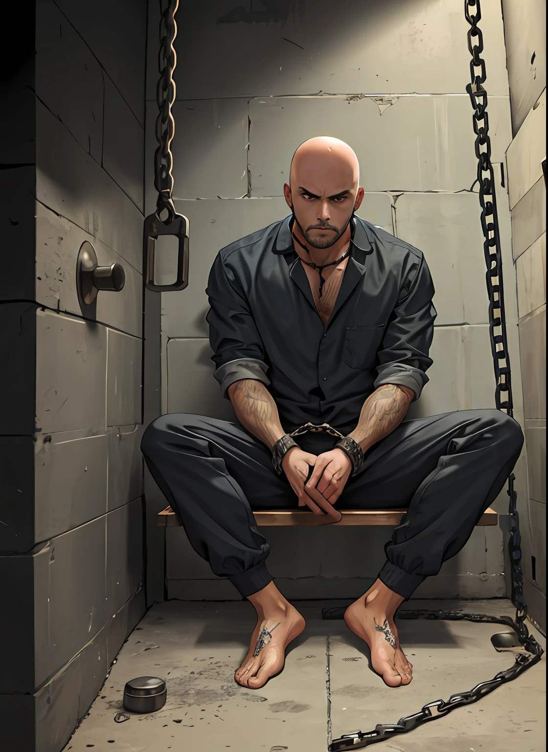 Best quality， tmasterpiece， A high resolution，A bald abdominated prisoner handsome man sits barefoot in a shackled chained torture device sitting in a prison cell