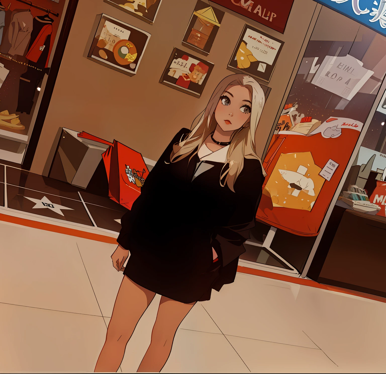 There's a woman standing in a mall with a red car., aparecer em um shopping center, em um shopping, em um shopping, taken in the early 2020s, estilo anime