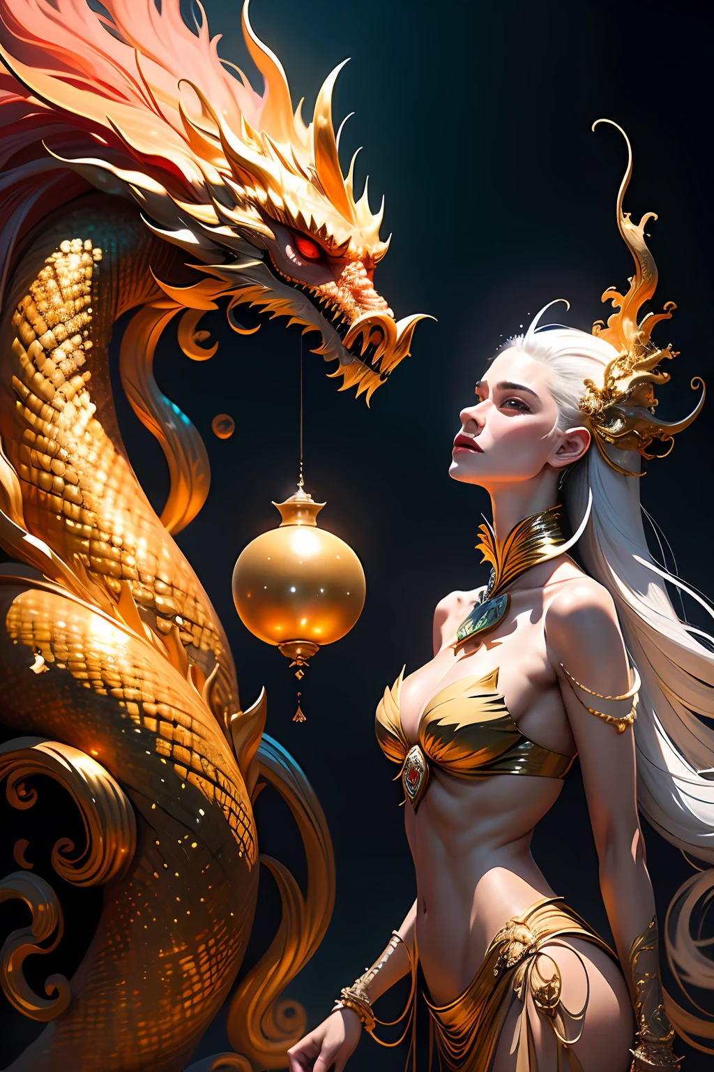 Best quality at best，tmasterpiece，超高分辨率，1（The long：1.2），（Finely：1.2），Long hair，dentes pontiagudos，red eyes，teeth，der riese，1 Bikini Chinese girl，18yo girl，Slim and tall，The bird，exteriors，standing on your feet，balance，​​clouds，banya，from back，Armour，Skysky，with her mouth open，faceoff，Accumulating power，Ogre，Size difference，White hair，buliding，vale，（textures true to reality：1.2），（Glowing multicolored scales：1.2），（realistic detail：1.2），（[frontage|Lateral face]：1.1），hdr，Ultra-detailed 3D modeling，Like Tim Burton、Dale Chihuli、Xiaolongcheng、Cyril Rolando and other writers，Such as small. Giger's style paintings are just as magical。Shadows and lighting are intertwined，Produces brilliant results。
