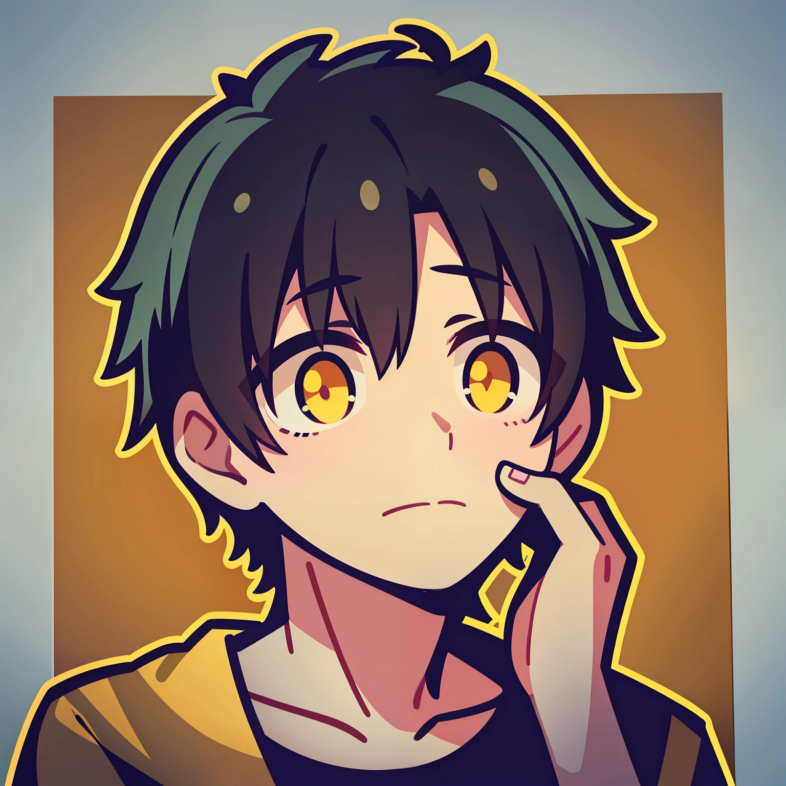 A boy with short black hair and yellow pupils holding his head headache Q printmaking style