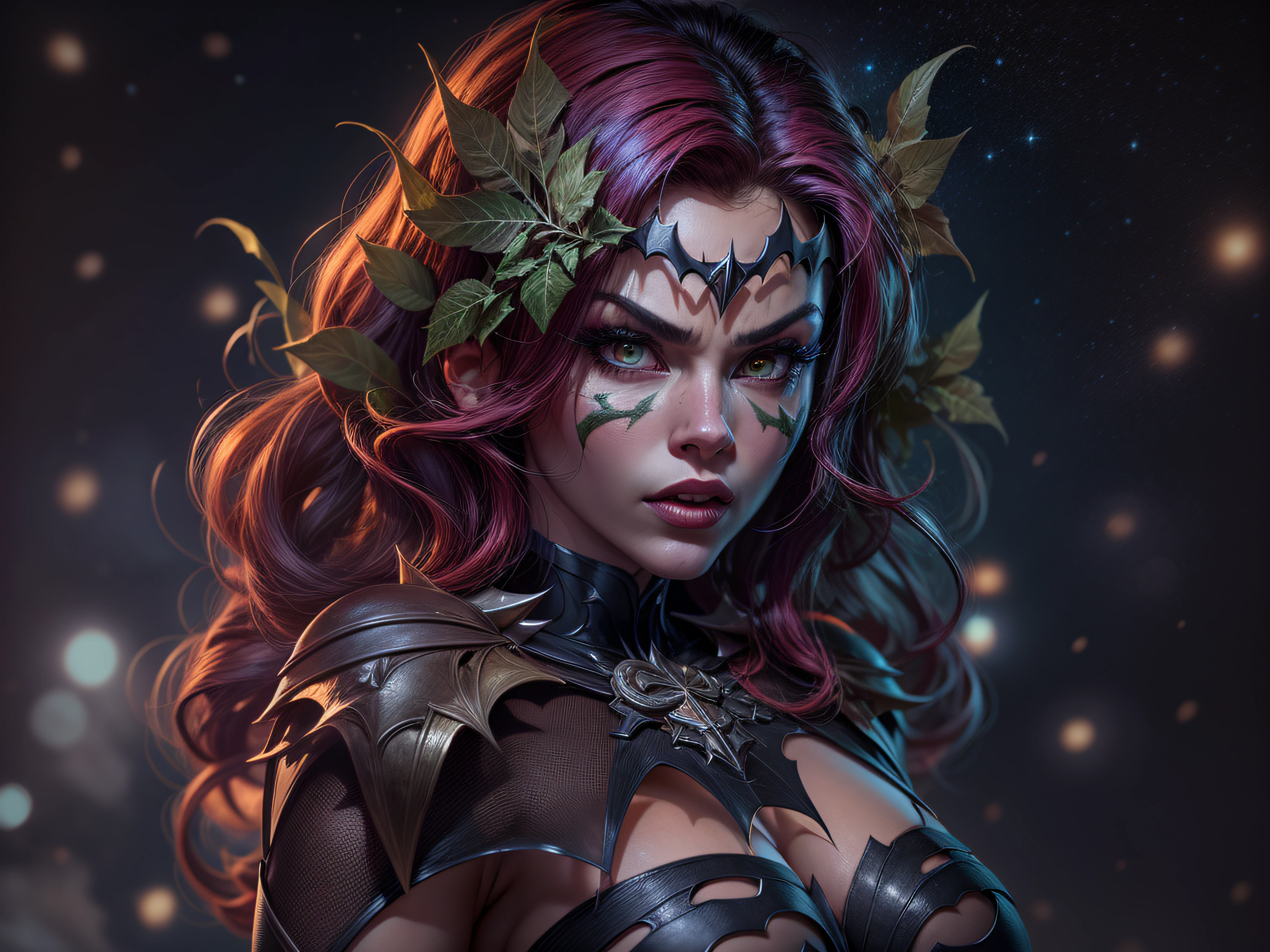 Close a powerful threat, The imposing appearance of Poison Ivy, inimiga do Batman, in seduction poses, Poison Ivy curvy with full breasts and thick thighs, menacing stare, ricamente detalhado, Hiper realista, 3D-rendering, obra-prima, NVIDIA, RTX, ray-traced, Bokeh, Night sky with a huge and beautiful full moon, estrelas brilhando, 8k,