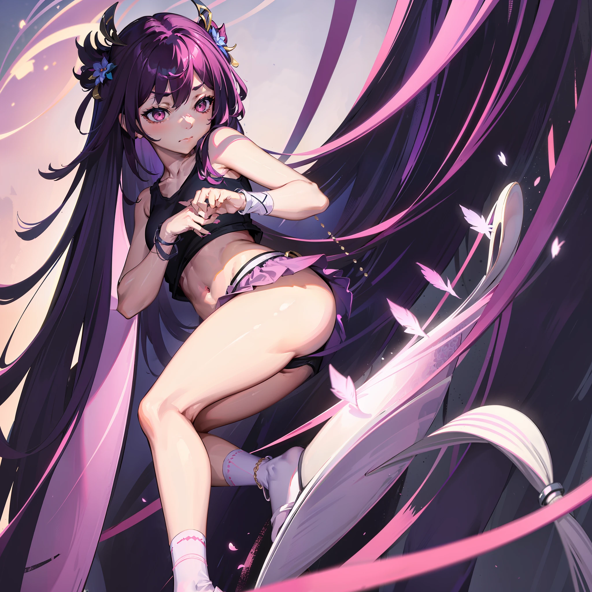 (CG Unity 8K wallpaper in extreme detail,tmasterpiece,Highest image quality),(Delicate light and shadow,The picture is highly dramatic,Cinematic lens effect),A tsundere little li in a classroom,Long colored hair,Small flower headdress、Bow hair ornament,Shui Ling's big bright eyes,Bright blue or deep brown eyes,long eyelasher,Delicate facial features,Petite nose,Fair and delicate skin,A haughty expression。Diverse dressing styles,Sweet and cute,Handsome and stylish,Follow trends,Bright clothes,in pink、blue colors、Purple bright hue,Lace lace skirt,shorter pants,athletic sneakers,Accessories,choker necklace,Bracelet,Issuing,Leg socks,stocklings。photography, masterpiece, best quality, 8K, HDR, highres, absurdres:1.2,