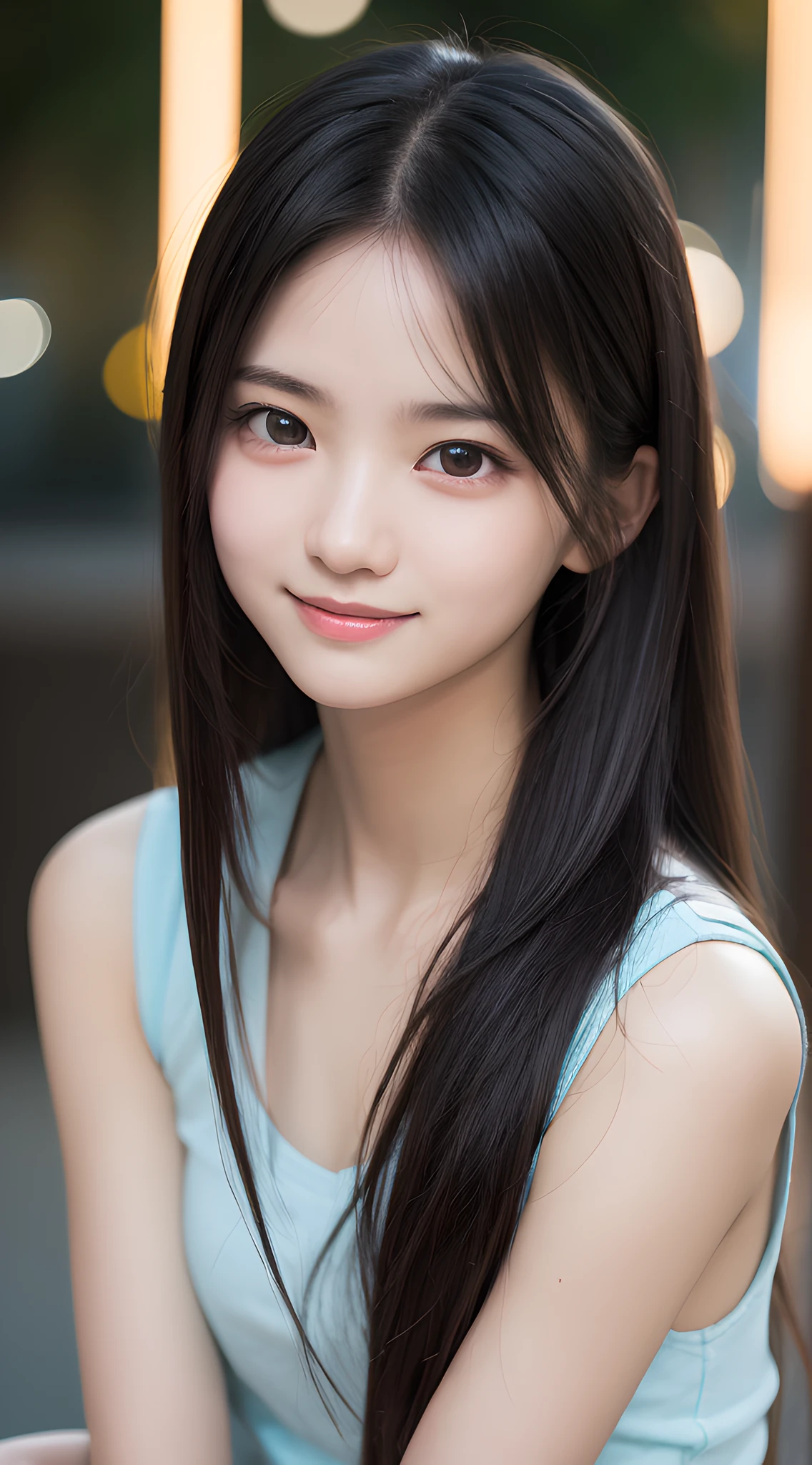 masterpiece, best quality, 8k, , raw photo, absurdres, award winning portrait, smile, smile, solo, night, neon, idol face, violaceaess, gardeniass, delicate girl, upper body, DSLR, looking at viewer, candid, sophisticated, youthful, thin arms, professional lighting, film grain, chromatic aberration, (detailed eyes and face:1.0), (bokeh:1.1)