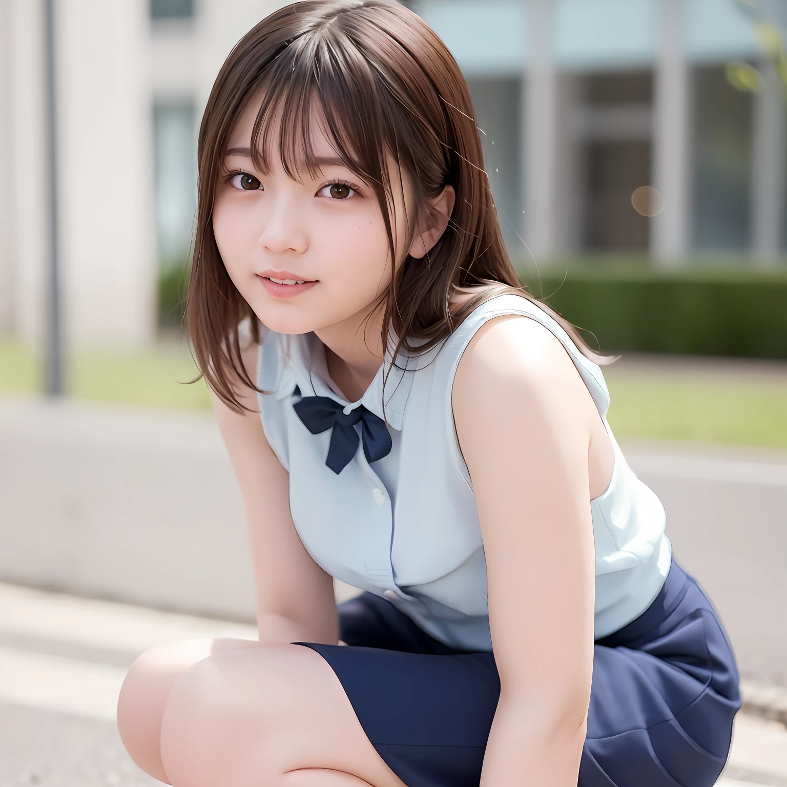 Alafed Asian girl crouching in light blue sleeveless on the ground,sweat-drenched sleeveless, Real life girls, Cute Girl, Beautie, neat hair with bangs, chiho, sakimichan, a hyperrealistic schoolgirl, cute kawaii girl