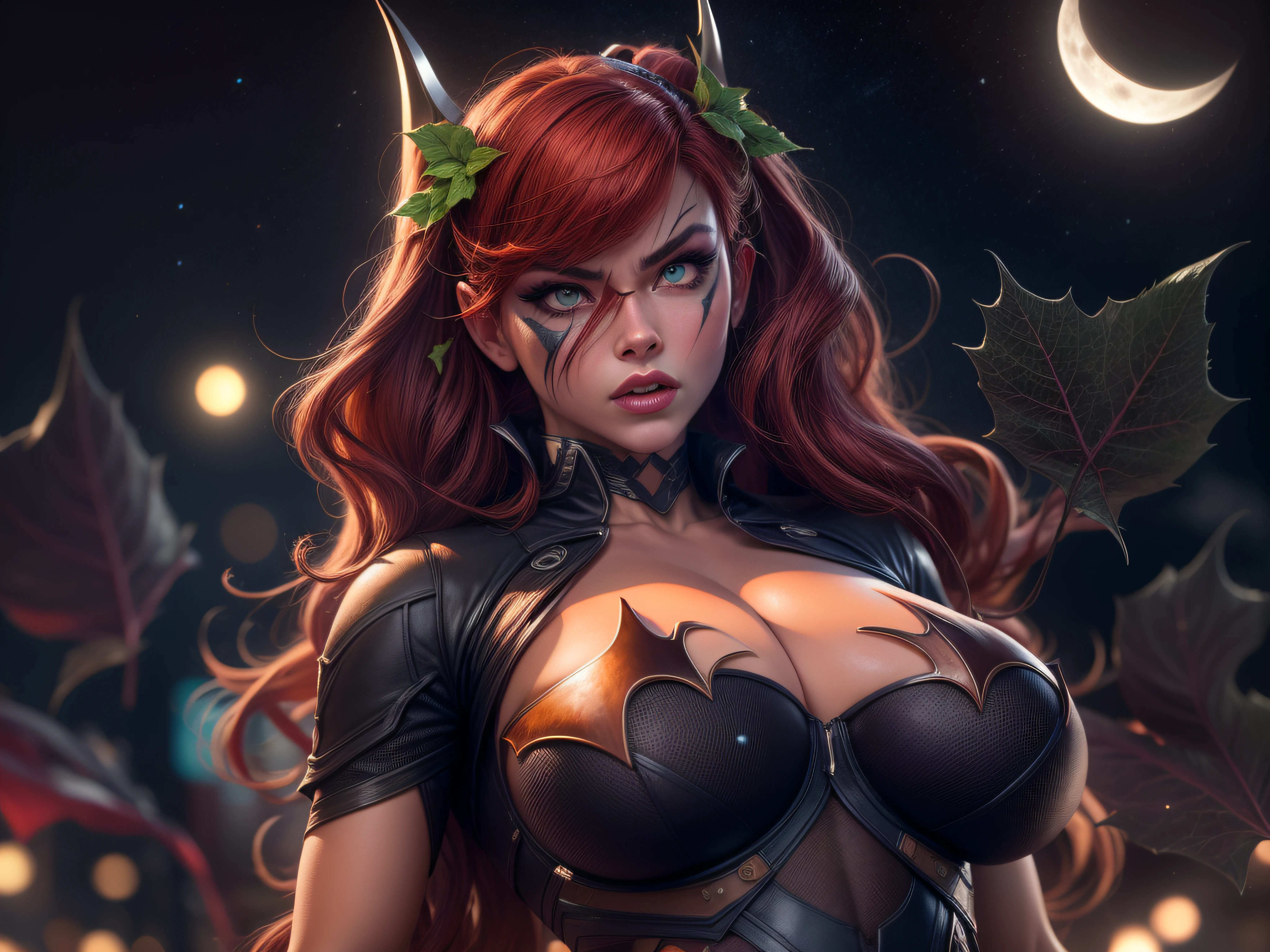 Close a powerful threat, The imposing appearance of Poison Ivy, inimiga do Batman, in seduction poses, Poison Ivy curvy with full breasts and thick thighs, menacing stare, ricamente detalhado, Hiper realista, 3D-rendering, obra-prima, NVIDIA, RTX, ray-traced, Bokeh, Night sky with a huge and beautiful full moon, estrelas brilhando, 8k,